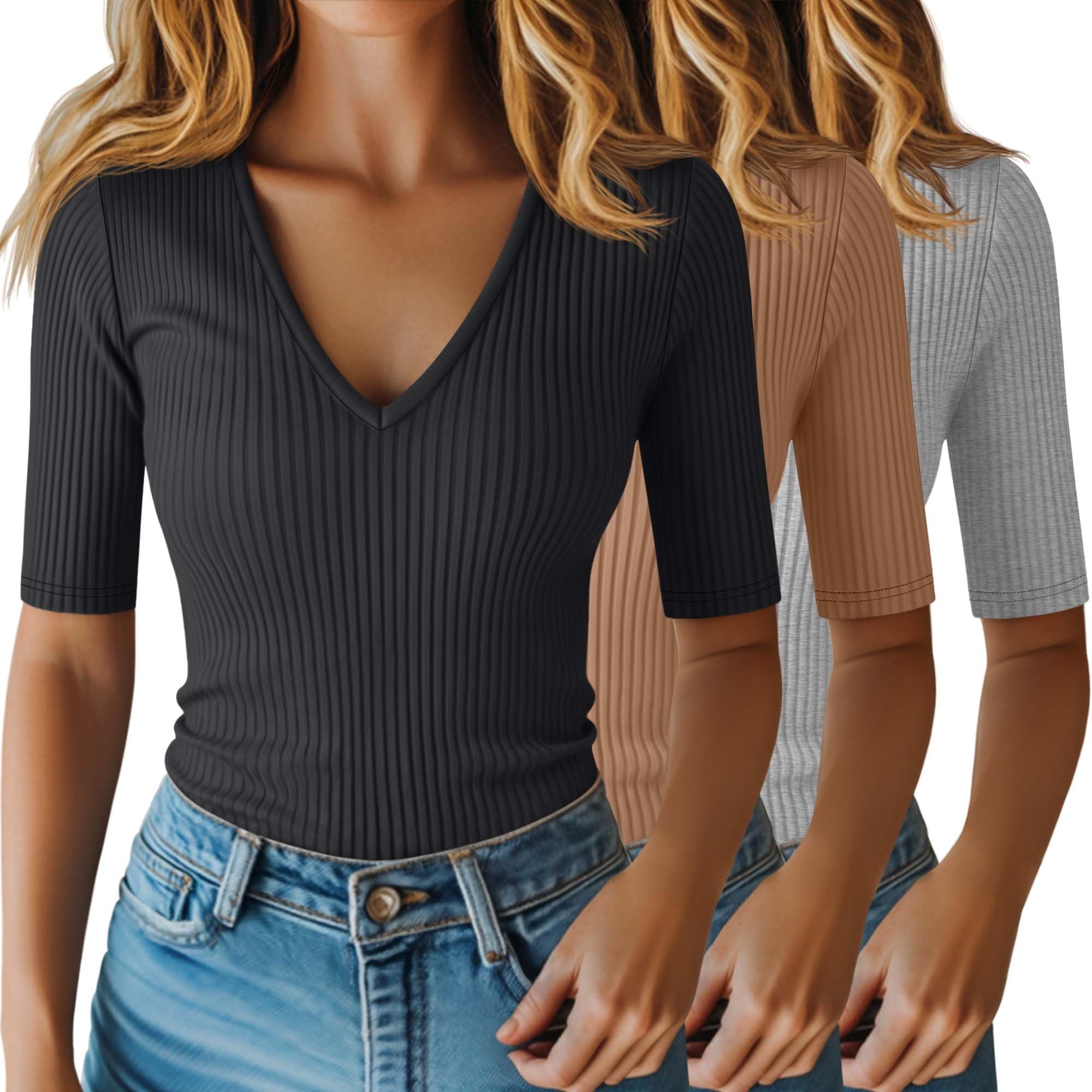 Riyiper 3 Pack Womens Half Sleeve V Neck Ribbed Tops | Elbow Sleeve Length Shirts, Cotton Blend, Ladies Tees, Knit, Slim Fit, Soft, Basic, Lightweight, Casual, Summer