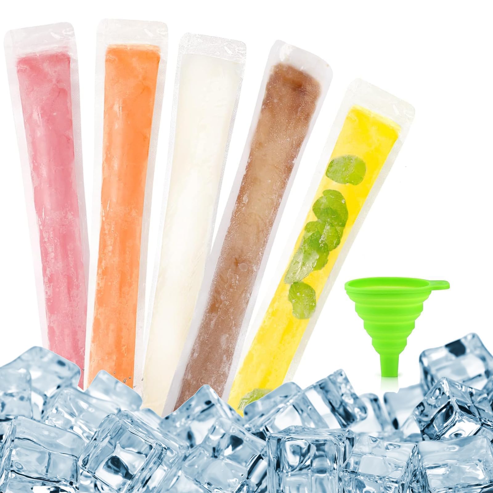 100 Pezzi Sacchetti per Ghiaccioli, Sacchetti Ghiaccioli Gelato, con 1 Imbuto, per DIY Gelato, Yogurt, Frullati, Caramelle Rock