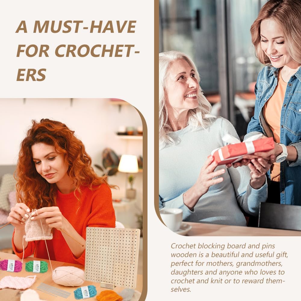 KITERI Crochet Blocking Board Granny Square Blocking Board Wooden Crochet Blocker Knitting Blocking Board with 20 Steel Pins 5 Large Eye Needle, 12 Colored Yarn, 20 Stitch Marker, Gifts for Mothers