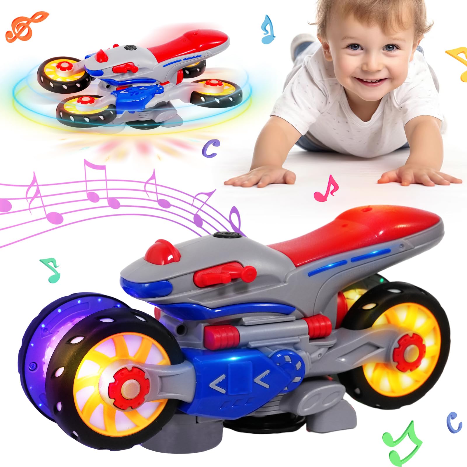 SWTOIPIG Moto de Juguete giratoria, Rango Completo de Movimiento eléctrico, deformación automática del Ciclo, Luces Coloridas y Efectos de Sonido agradables, Juguetes educativos para niños