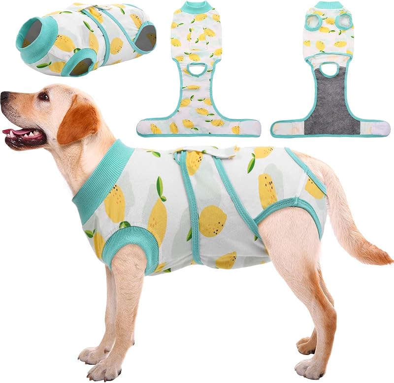 Roupa de Recuperação Kuoser para Cães e Gatos, Macacão Pós-Cirúrgico de Algodão e Elastano Lemon XL