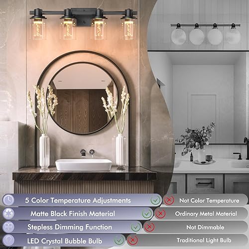 Miniatura 4 de Quntis Lámparas de baño negras de 4 luces con 5 modos de color, lámpara de pared LED regulable de 27 pulgadas sobre espejo, lámpara de pared LED de