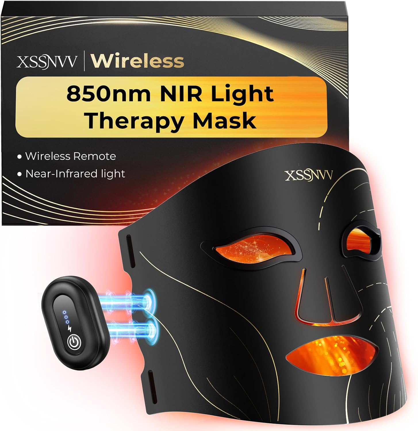 Cordless LED Face Mask, Red Light Therapy Mask with 4 Mode Red, Blue, Amber & 850nm Near Infrared, Foldable Silicone 10-Min Skincare Device for Home and Travel, All Deep Black