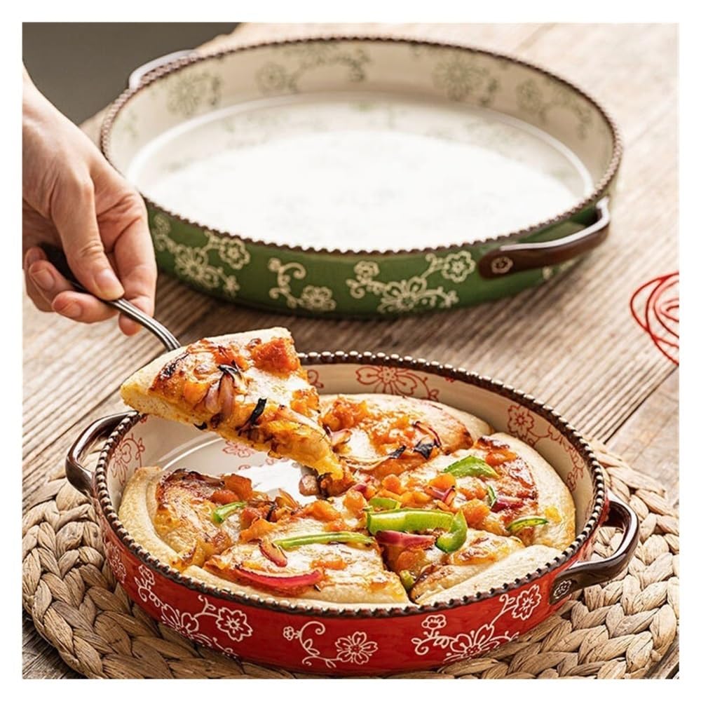 Forma do pieczenia, Okrągła ceramiczna patelnia do pizzy z podwójnym uchem i specjalną tacką pieczenia ryżu sera(Green)