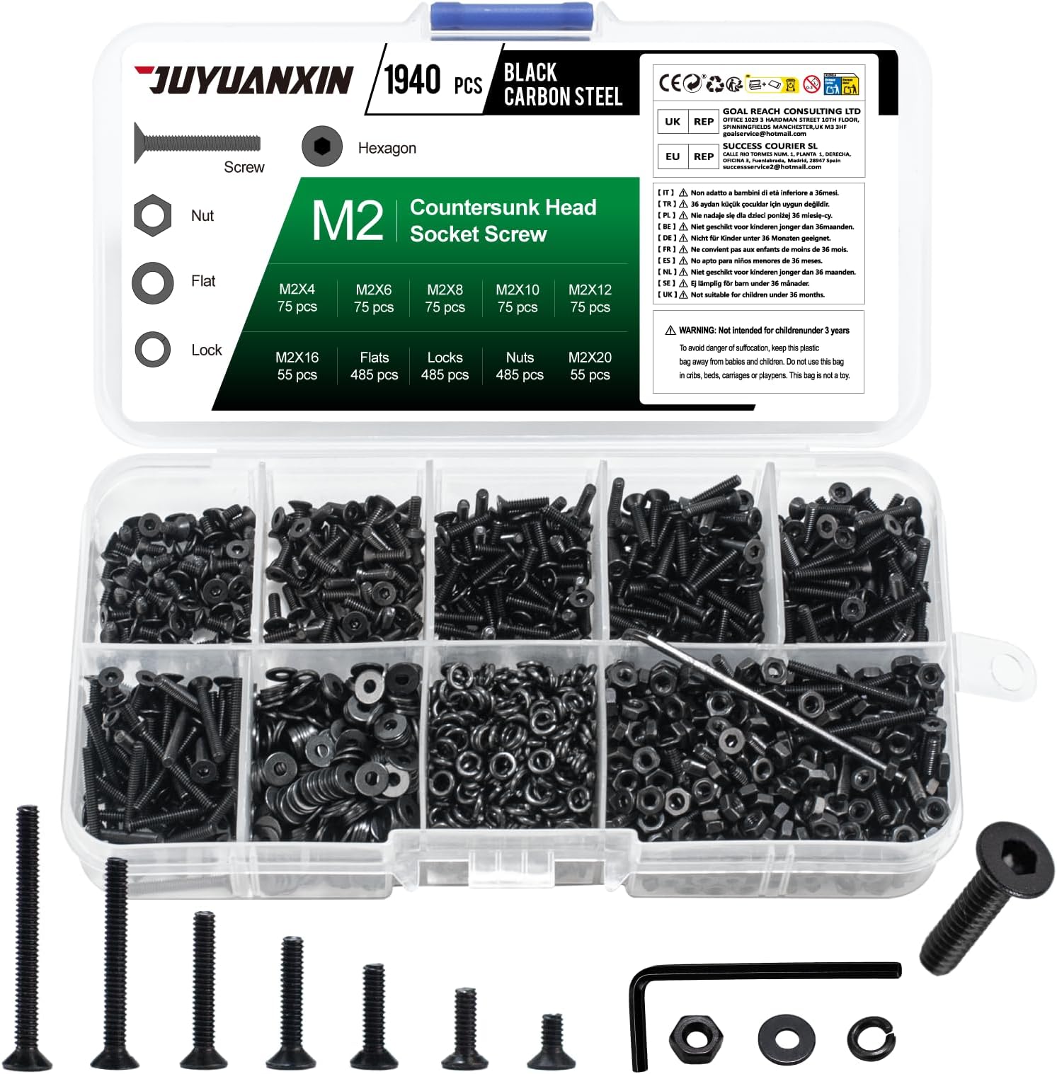 1940 Pcs M2 Screws Set, Countersunk Bolts and Nuts Set, Carbon steel Countersunk Flat Head Screws Nuts and Bolts Assortment with Washers, Flat Hex Socket Head Cap Screwsset