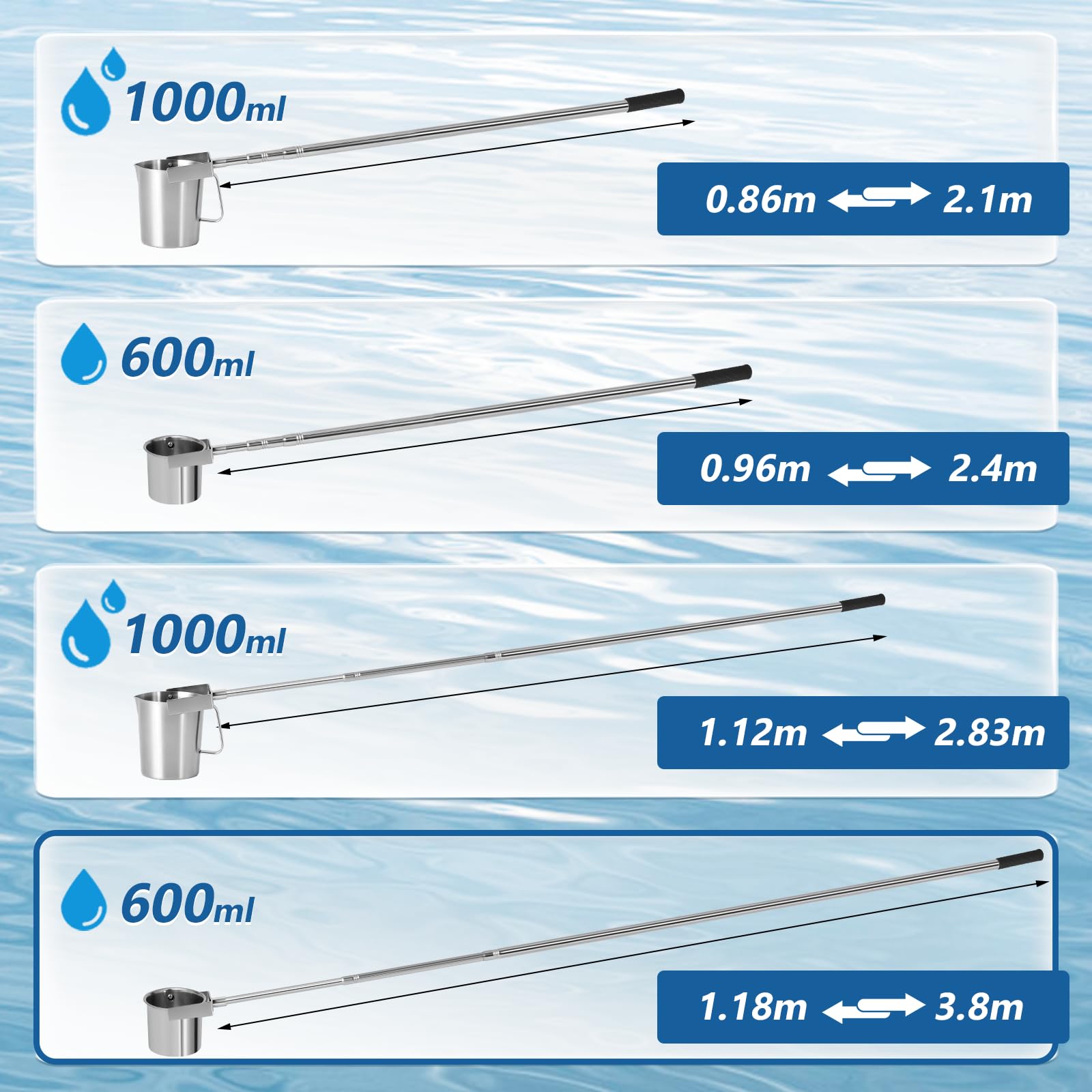 Cucchiaio telescopico per campionatore d'acqua da 1,1 m a 3 m, in acciaio inox, con mestolo da 600 ml, asta per campionamento d'acqua (1,1 m-3 m)