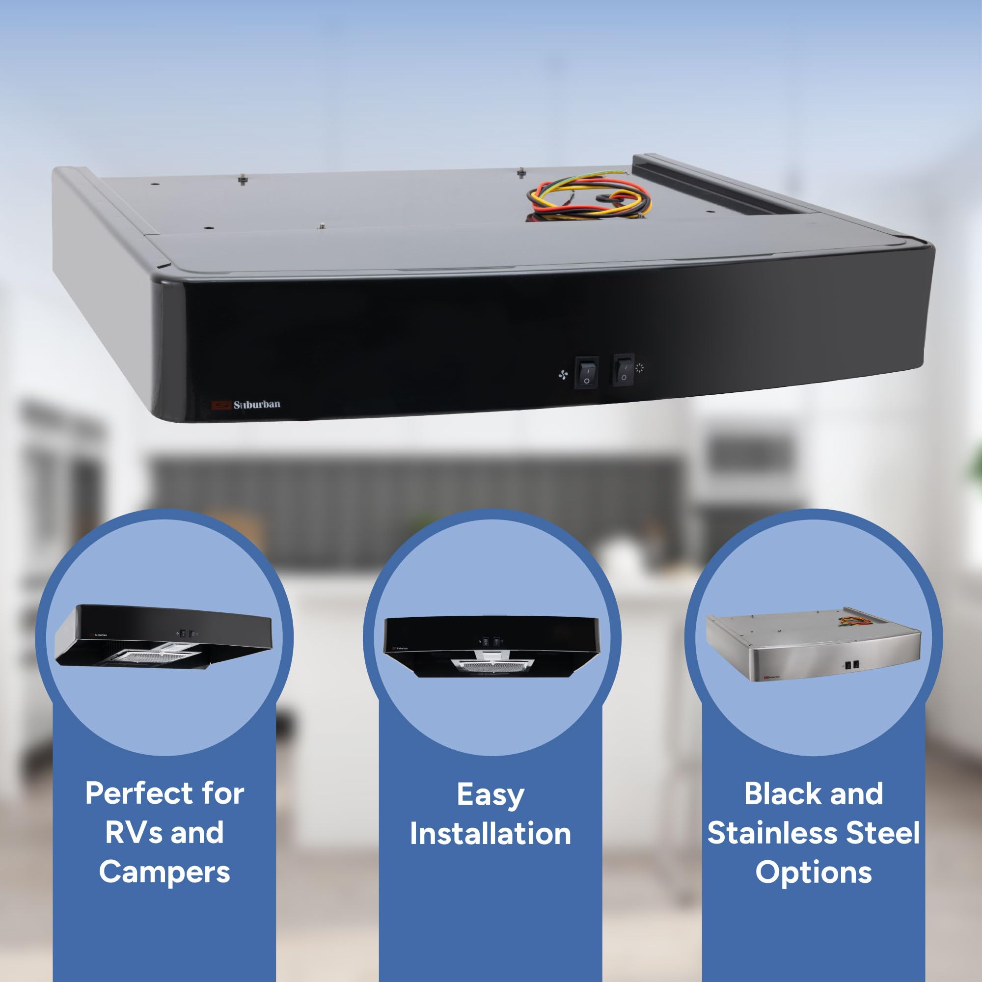 RecPro RV Suburban Range Hood with LED Light | 12V Non-Ducted Under Cabinet Vent Hood | Hardwired Installation | Grease Filter | Ideal for RVs & Campers (Black or Stainless Steel) (Black) - 4