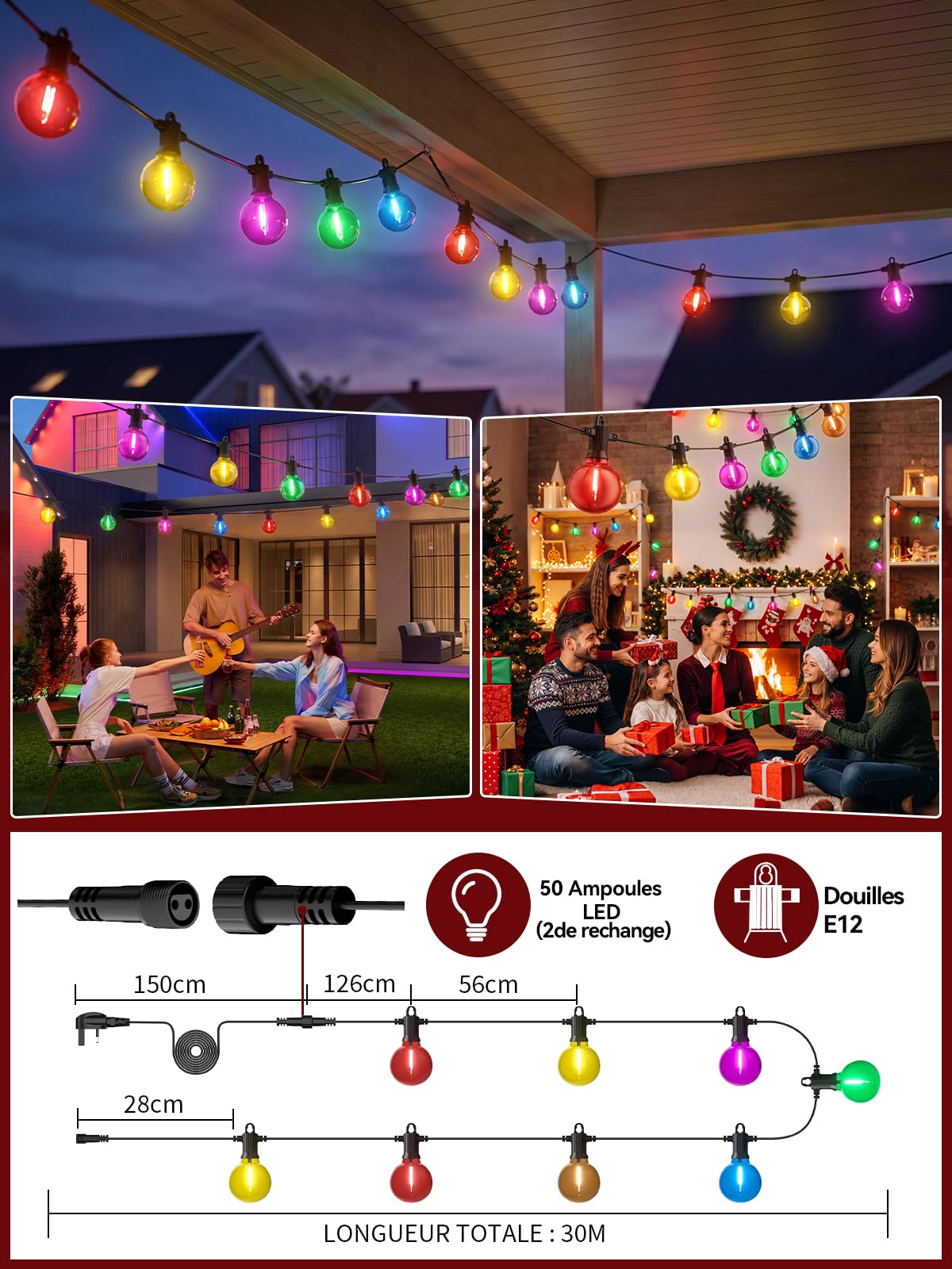 Kawaya 30M Bunte LED Lichterkette Außen Strombetrieben - IP65 Wetterfest | Bruchsicher verbindbar dimmbar - Lichterkette Party für Garten Balkon Terrasse Weihnachten Halloween Festdekoration