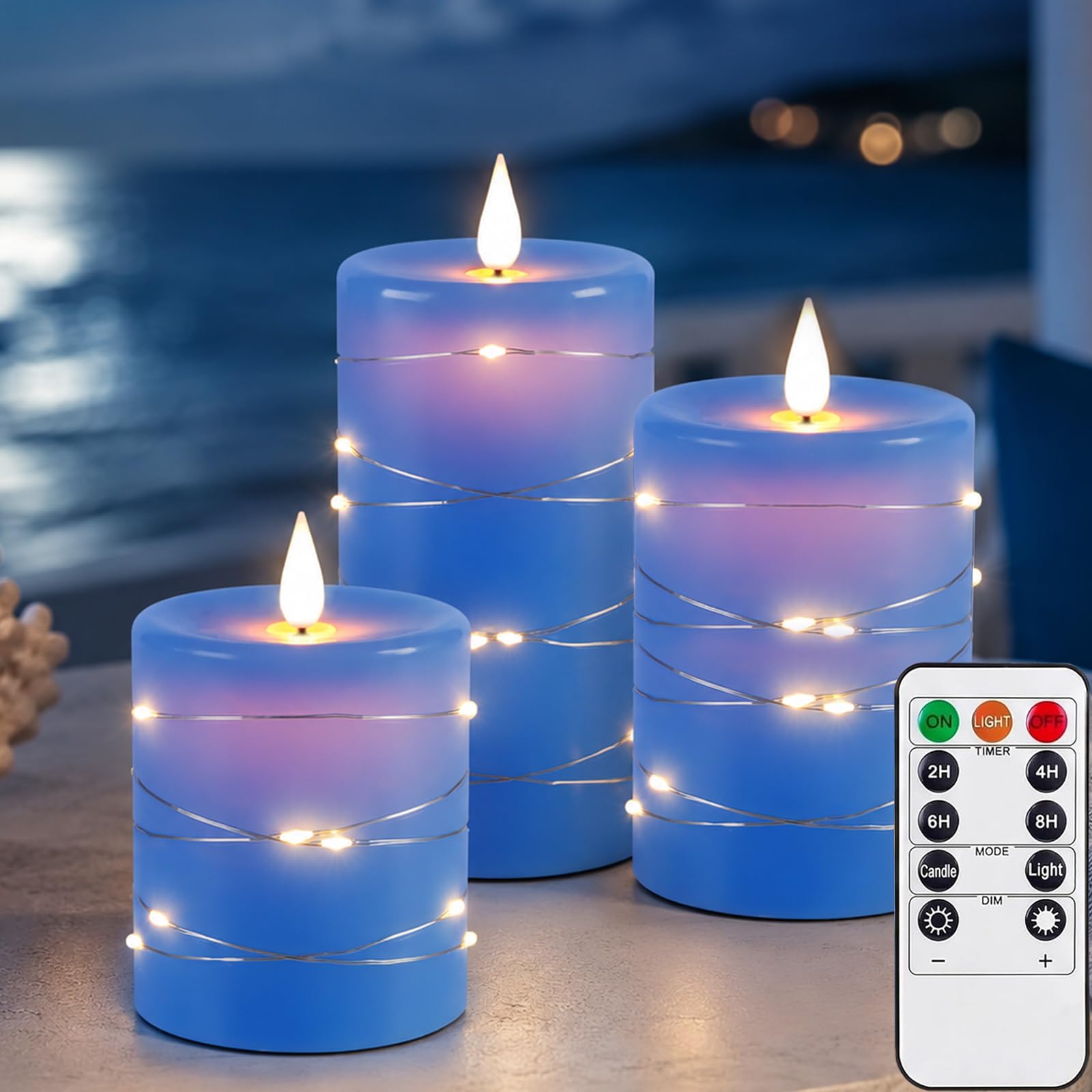 Flameless Candles Light, Set of 3 Flickering LED Candle with Remote & Timer, Dimmable Real Wax Electric Pillar Candles Battery Operated, Candle for Home Wedding Party Holiday Decor (Blue)