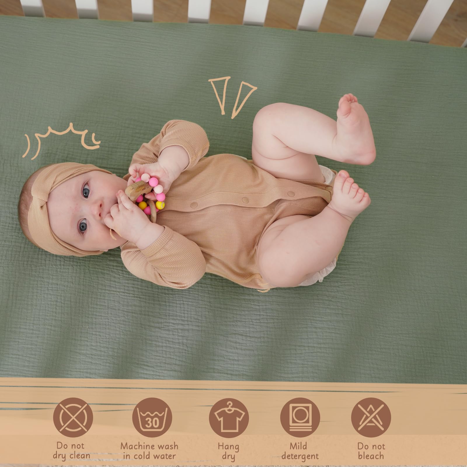 COSMOPLUS - Lenzuola in mussola per culla, unisex, neutre, confezione da 2 pezzi, lenzuolo con angoli per culla standard e materasso per lettino per bambini, cotone biologico, verde ardesia e grigio