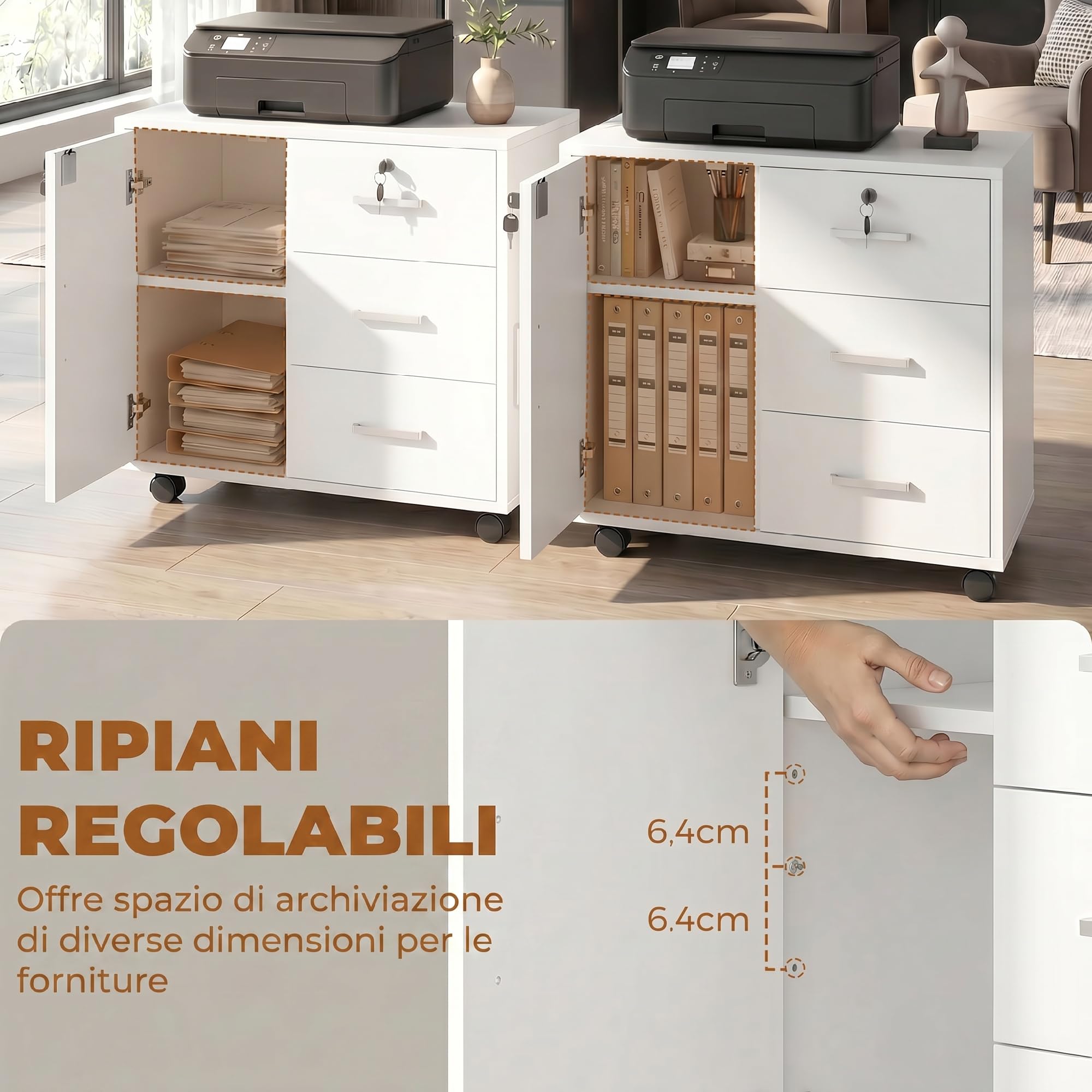 HOMCOM Archivador de oficina con 3 cajones y armario con 3 estantes ajustables, archivador de aglomerado, 60x40x56 cm, blanco