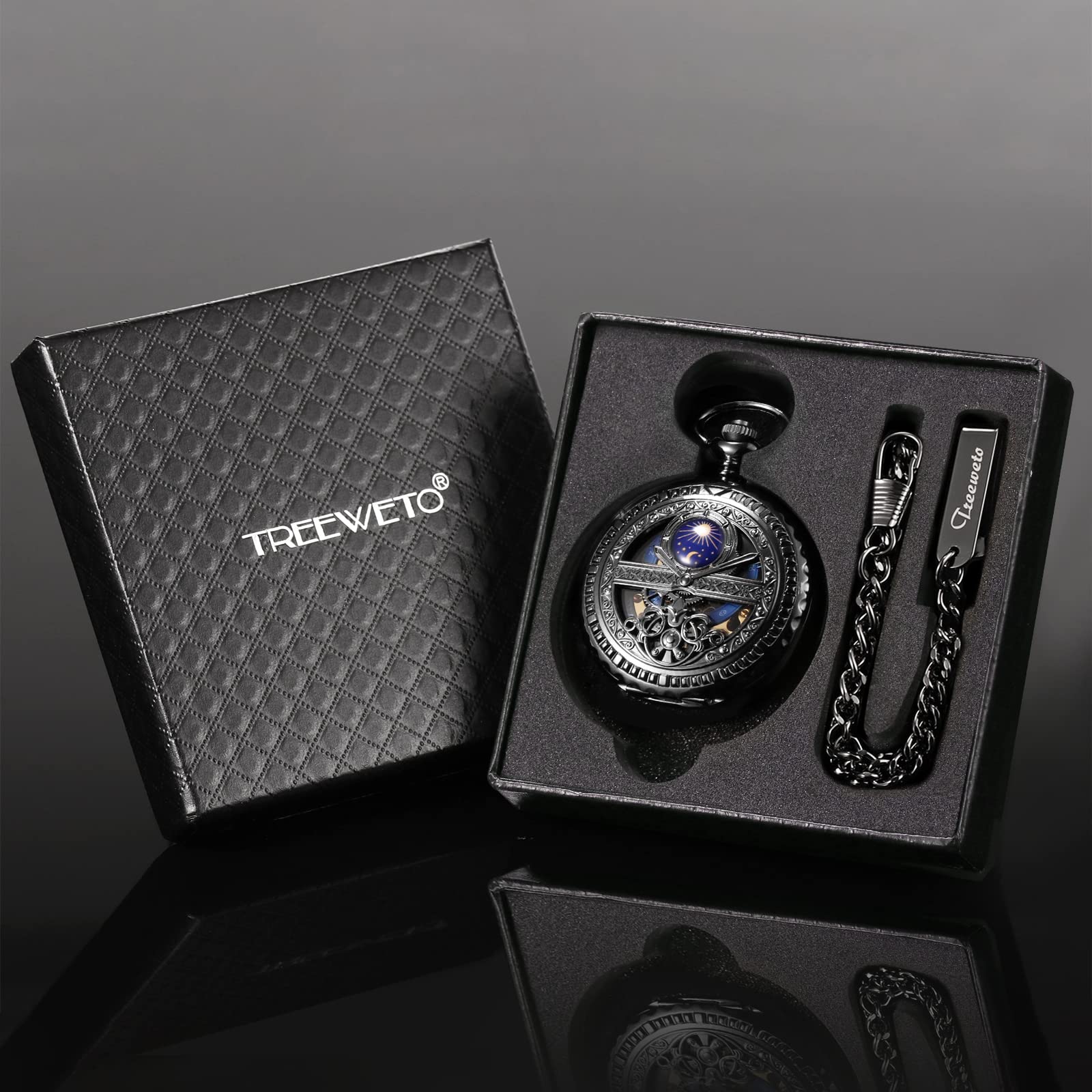 TREEWETO Mechanische Herren Taschenuhr, Sonne und Mond, Skelett, römischen Ziffern, Taschenuhren mit Kette für Herren