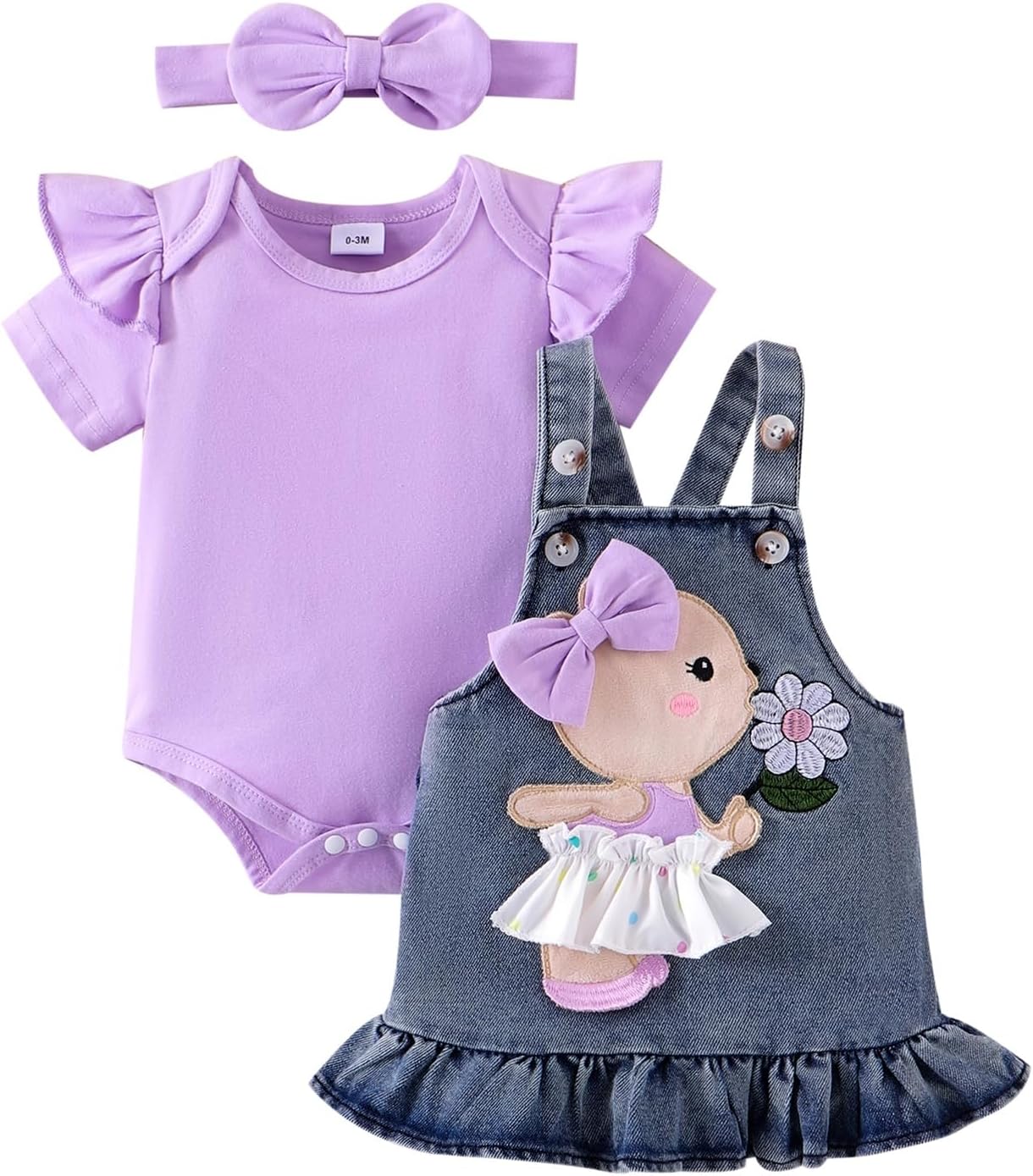 Baby Girl Clothes Newborn Baby Girl Romper Ruffle Short Sleeve Cute Bear Cartoon Jeans Skirt Outfit Set 0-18 Months