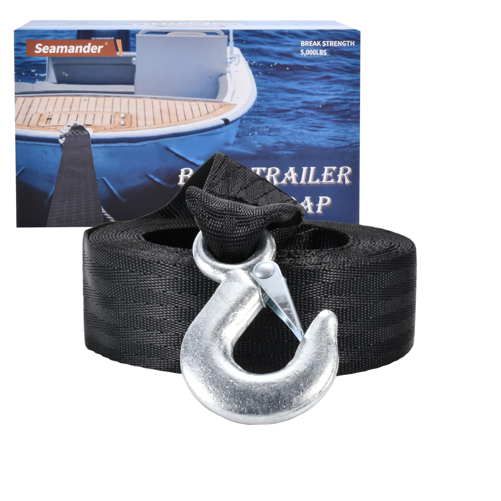Seamander Trailer Winch Strap 2" x 20' with Safety Hook 5000-pound Break Strength Used for Towing Vehicles, Boats and Jet Skis | Lifetime Replacement