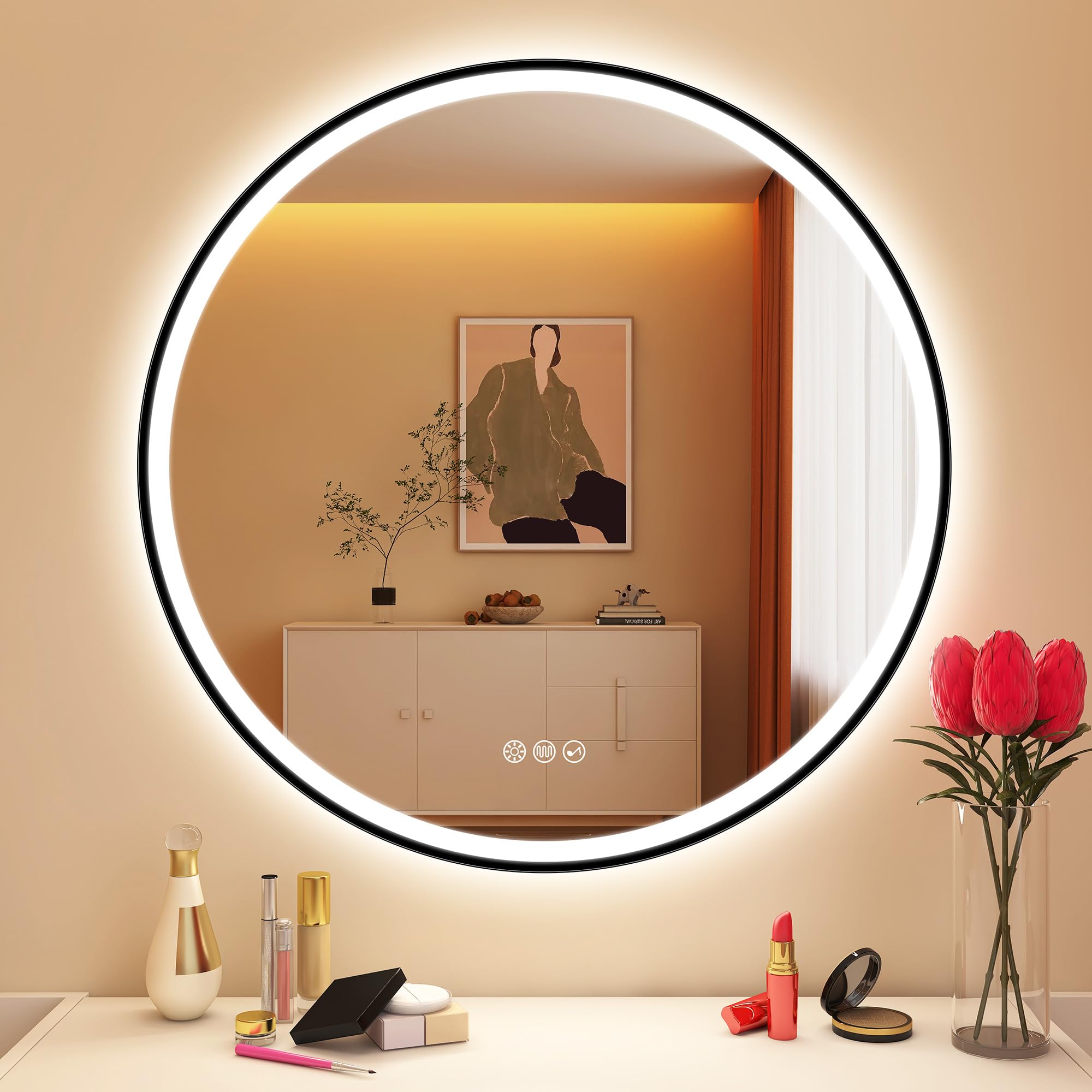 STARLEAD 700 mm Round-Bathroom-Mirror-with-LED-Lights and Bluetooth, LED-Bathroom-Wall-Mirror with Anti-Fog, 3 Colors Dimmable, Memory Function, Tempered Glass, IP44, Black Painted, Not Metal Frame