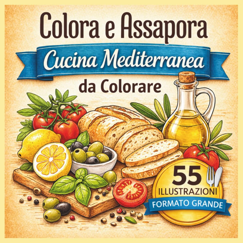 Colora e Assapora: Cucina Mediterranea: 55 Illustrazioni da Colorare Ispirate ai Sapori del Mediterraneo – Ingredienti, Piatti Tipici e Scene di Cucina per Relax Creativo