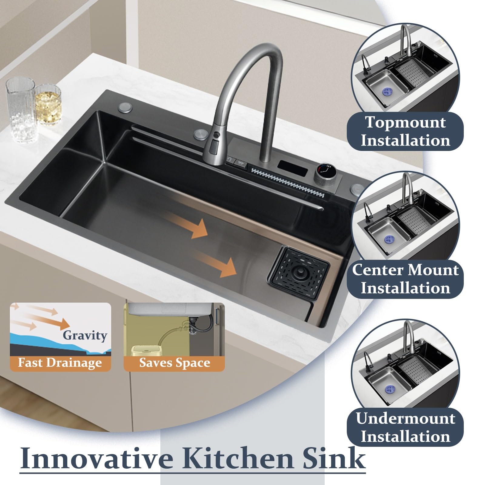 Juego de Fregadero de Cocina Multifuncional de Acero Inoxidable con diseño de Montaje Superior, un Solo Seno, Kit Completo de Accesorios y Grifo. Duradero, fácil de Instalar, perfe