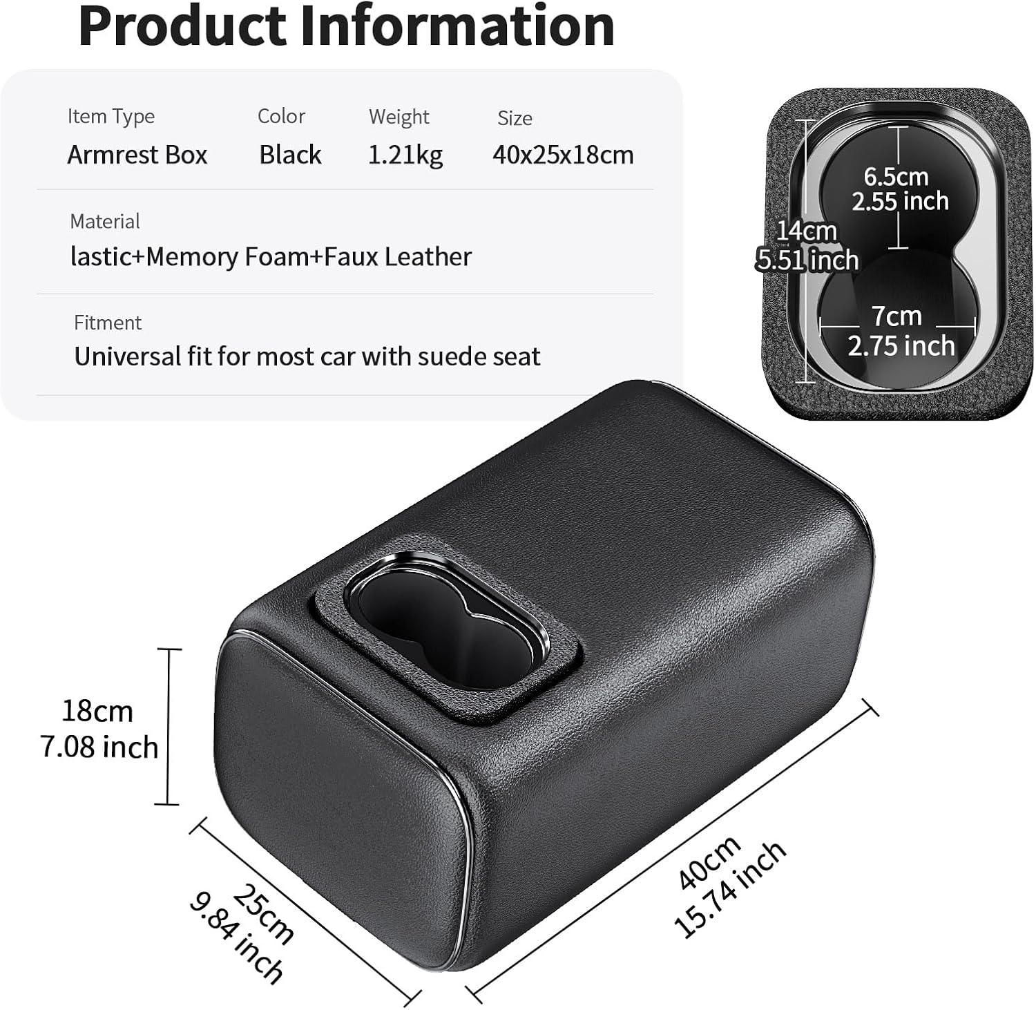 Car Rear Seat Armrest 2 Row Console Box with Cup Holder Universal Arm Rest Backseat Armrest Console Box Second Row Rear Central Armrest Box(Black-No Pocket)
