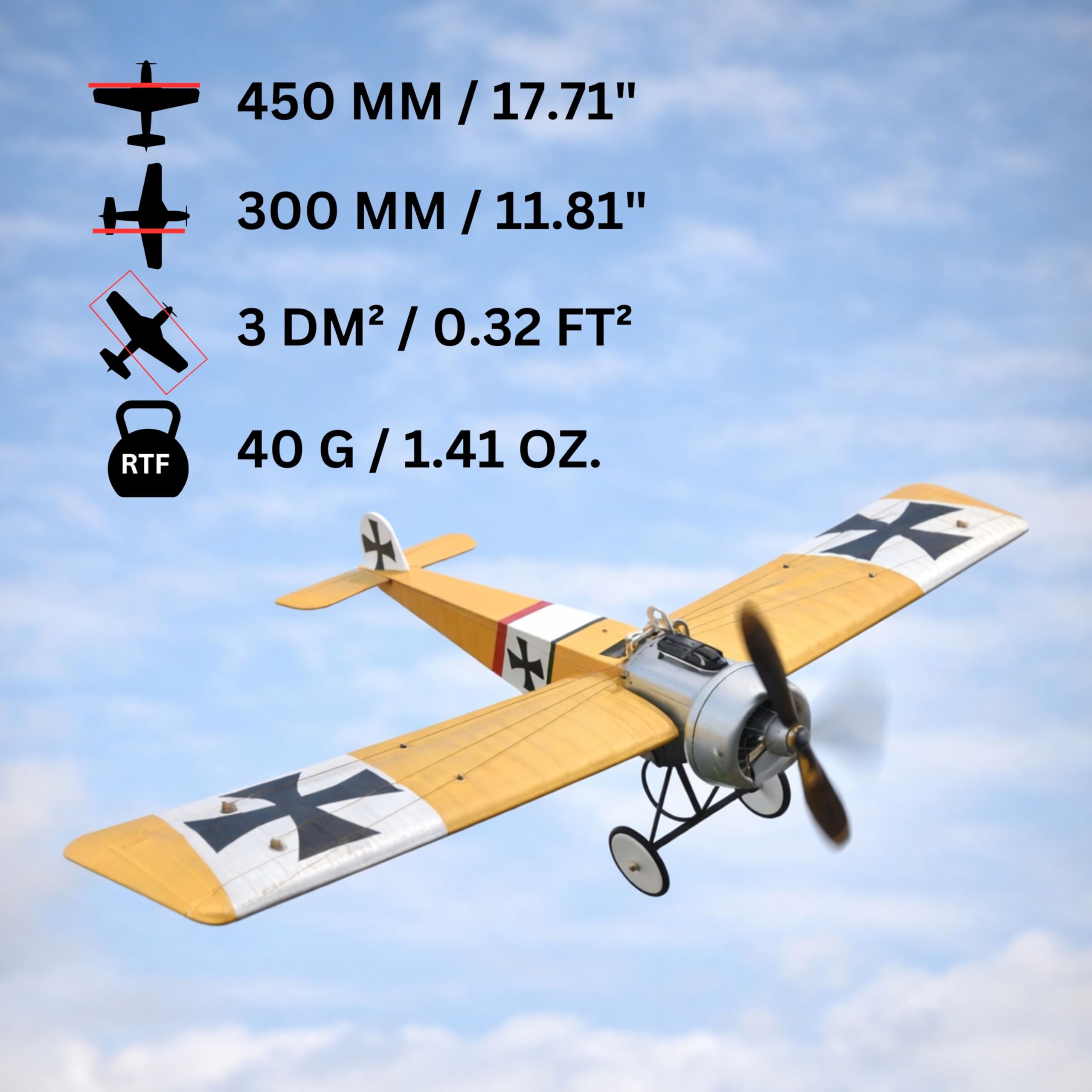 Fokker E.3 Slow Flyer Modellflugzeug Kit, Maßstab 1:20, 450 mm Spannweite, RC Flugzeugmodell Baukasten, Modell Flugzeug zum selbst Bauen, gelaserte Balsa Holz Bauteile, 450 x 300 x 91 mm, 40 g RTF