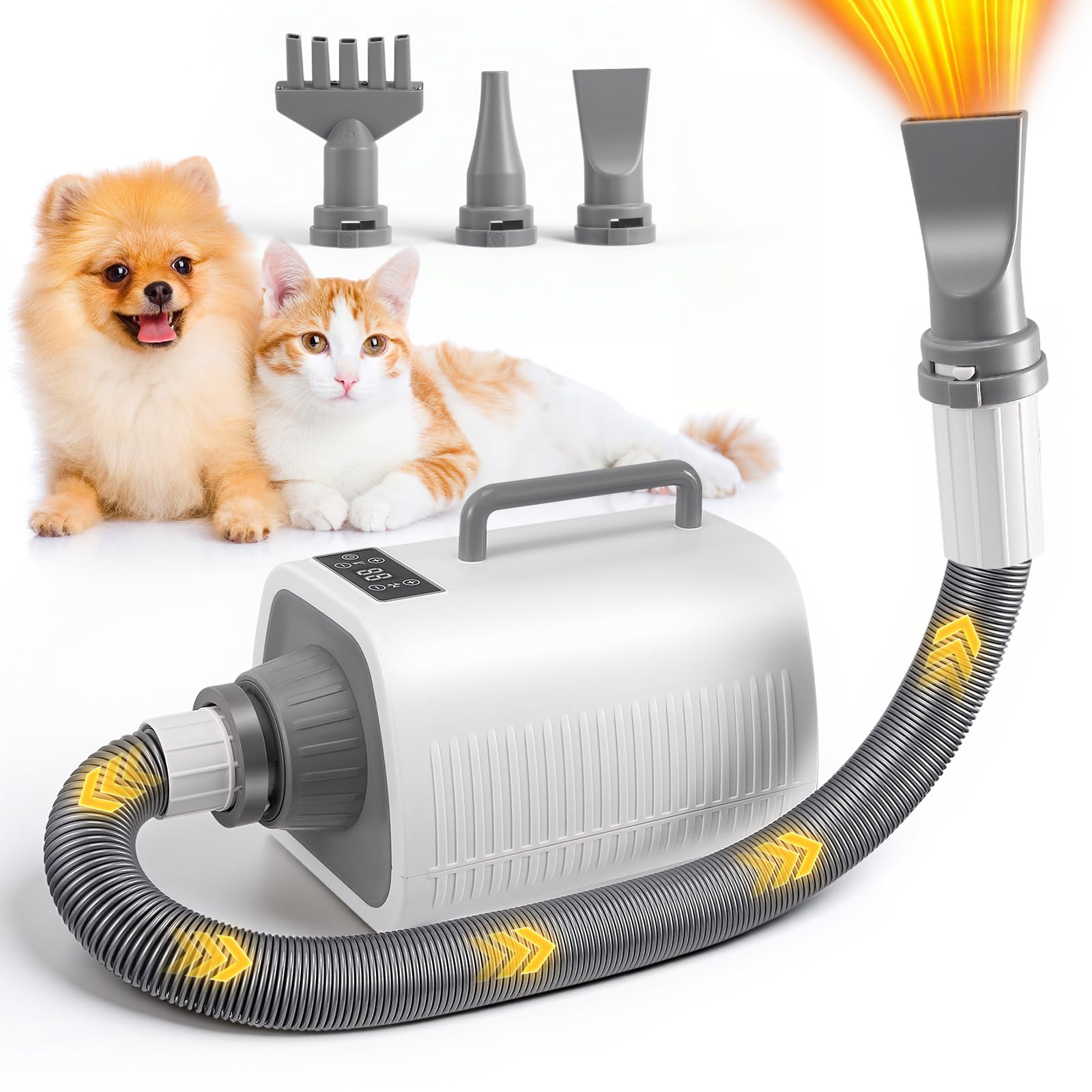 Pulseur pour Chien, Puissant Sèche-Cheveux pour Chien Blower avec Vitesse et Température Réglables, 3 Embouts, Tuyau Flexible, écran LCD, Souffleur pour Chiens et Chats de Toutes Tailles