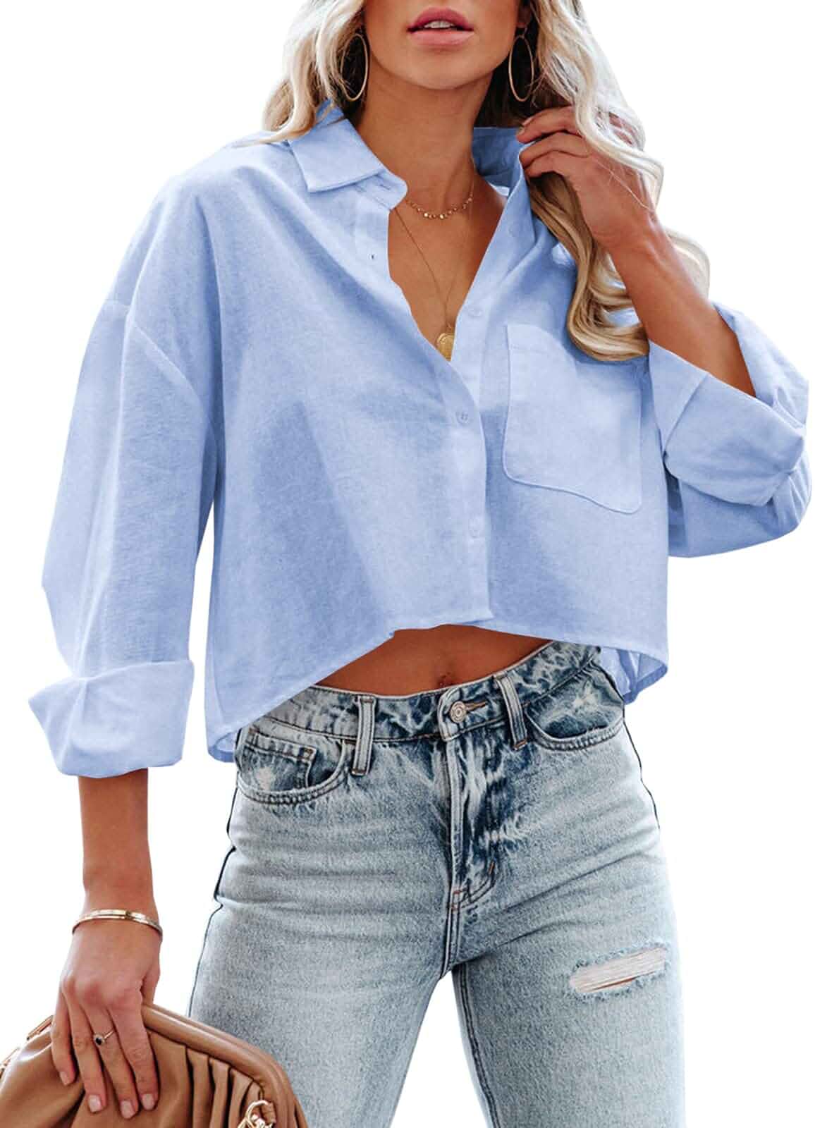 Tankaneo Womens Button Down Cropped Shirts Long Sleeve Crop Tops Blouses Casual, Solid, Lapel Blouse Shirt, Chest Pocket,White Button Down Shirt,Collared Shirts,Fall Clothes