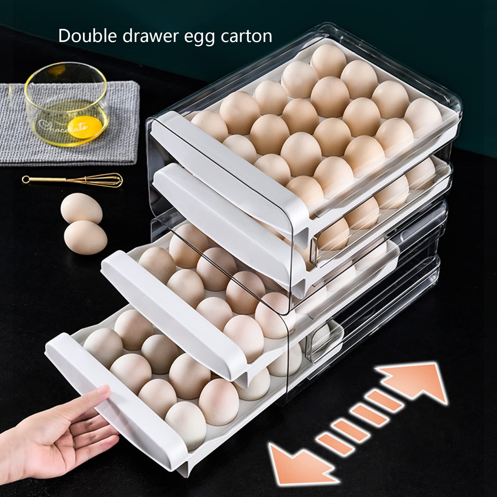 Refrigerador de cocina Cajón doble Caja de huevos Huevo en conserva, Huevo de pato, Organizador Caja de almacenamiento Caja de almacenamiento transparente de doble capa apilable (Tamaño: 27.5 * 22 *