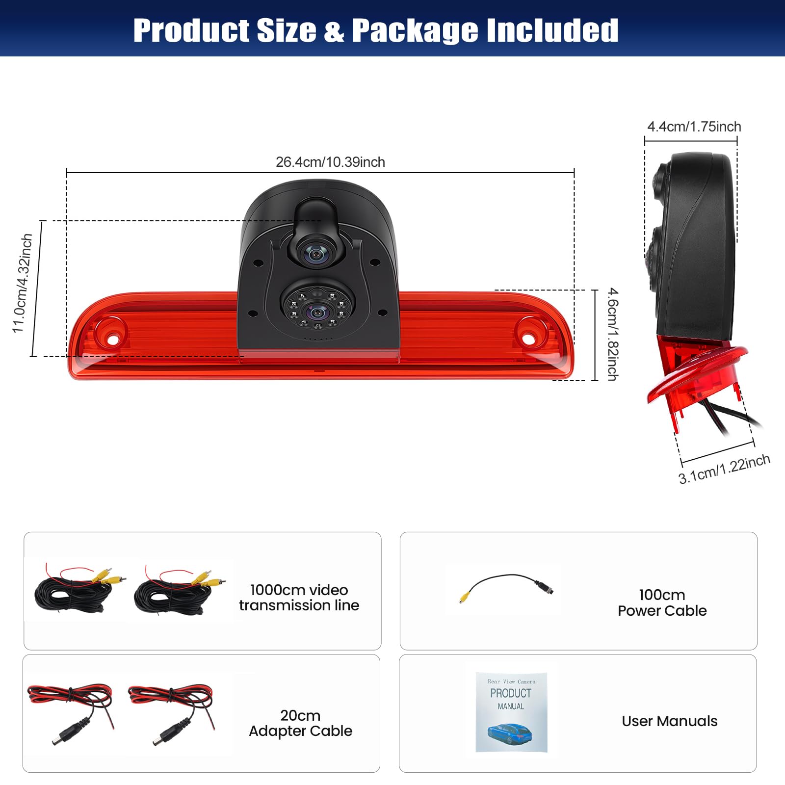 CAMECHO Cámara Trasera HD para Fiat Ducato 2006-2018, Peugeot Boxer 2006-2018 con Visión Nocturna IP67 Cámara Impermeable, Tercera Luz Freno con Gran Angular de 140 °, cámara giratoria 30 °+15 °, 12V
