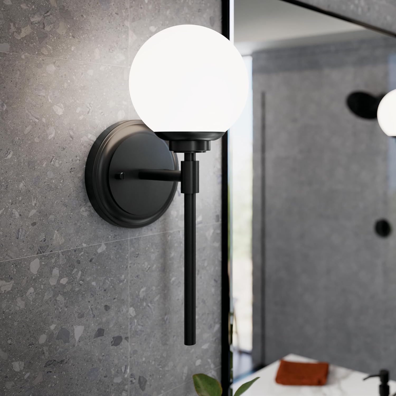 Kichler Benno 1-Light Wall Sconce, Modern Light with Opal Glass in Black, for Bathroom, Powder Room, Kitchen, Bedroom, or Hallway (13.75" x 5.25"), 55170BK