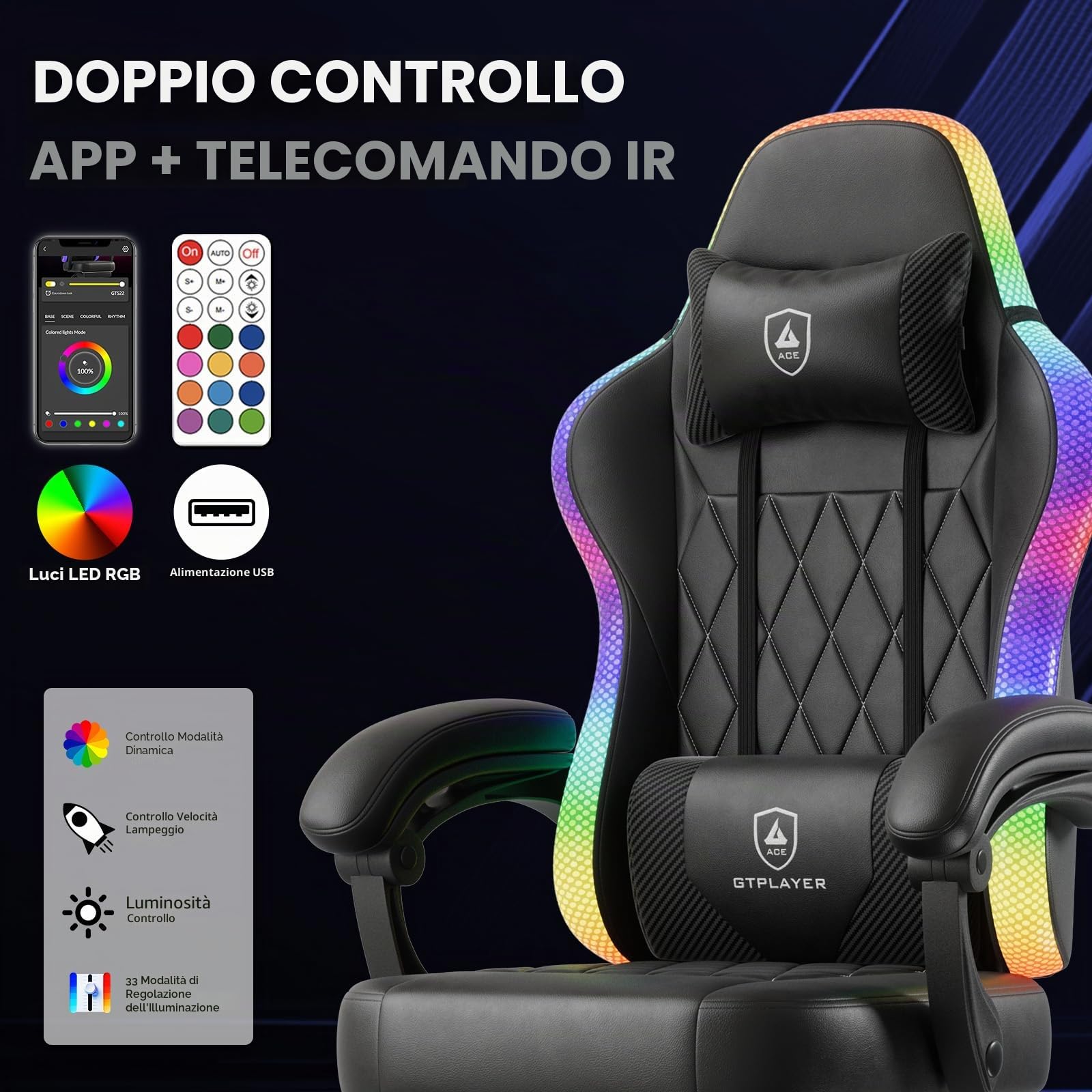 GTPLAYER Sedia da gioco, sedia da ufficio, sedia da gioco con barra luminosa a LED, sedia da giocatore, schienale con custodia, sedia ergonomica in PC con telecomando