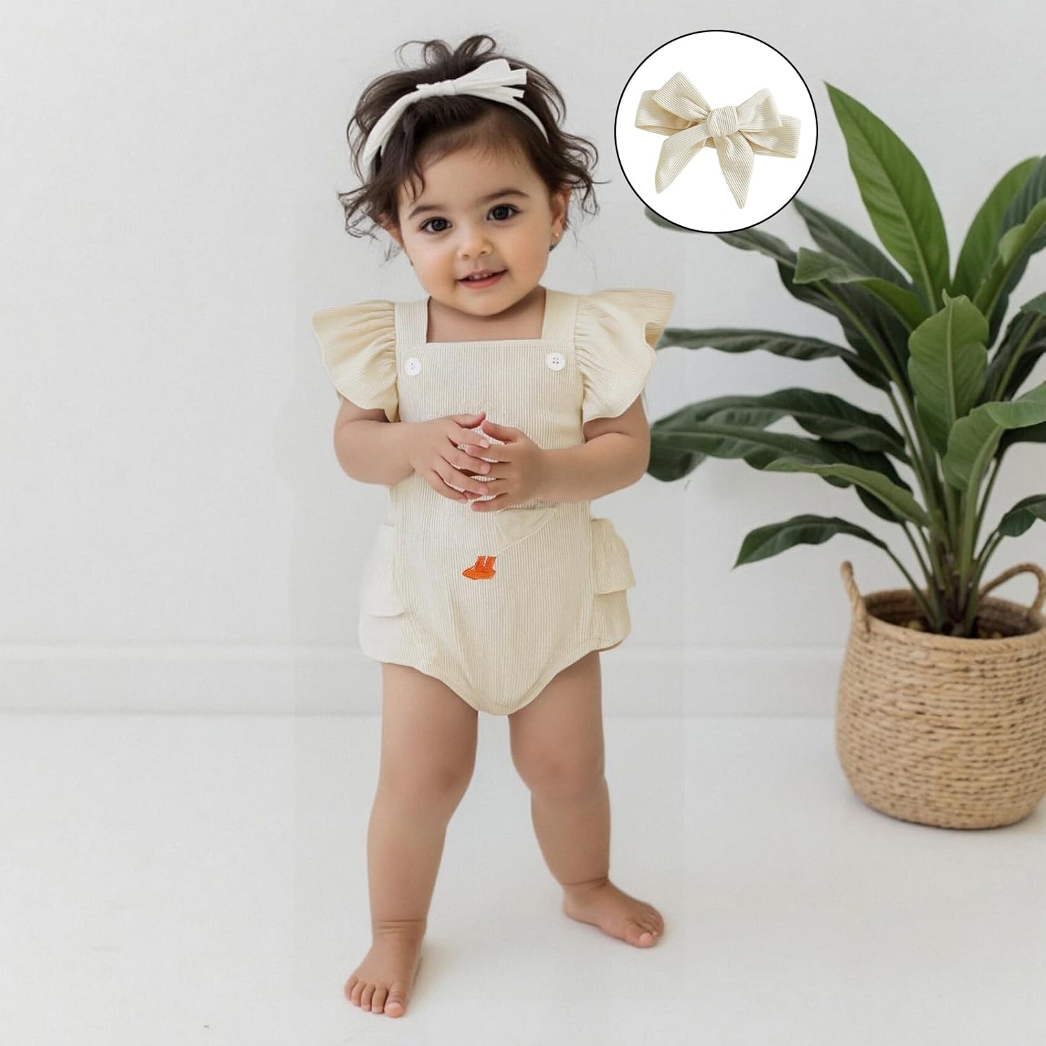 Baby Girl Corduroy Romper Goose Embroidery Onesie Ruffle Sleeveless Bodysuit Headband Set Fall Clothes - Image 2
