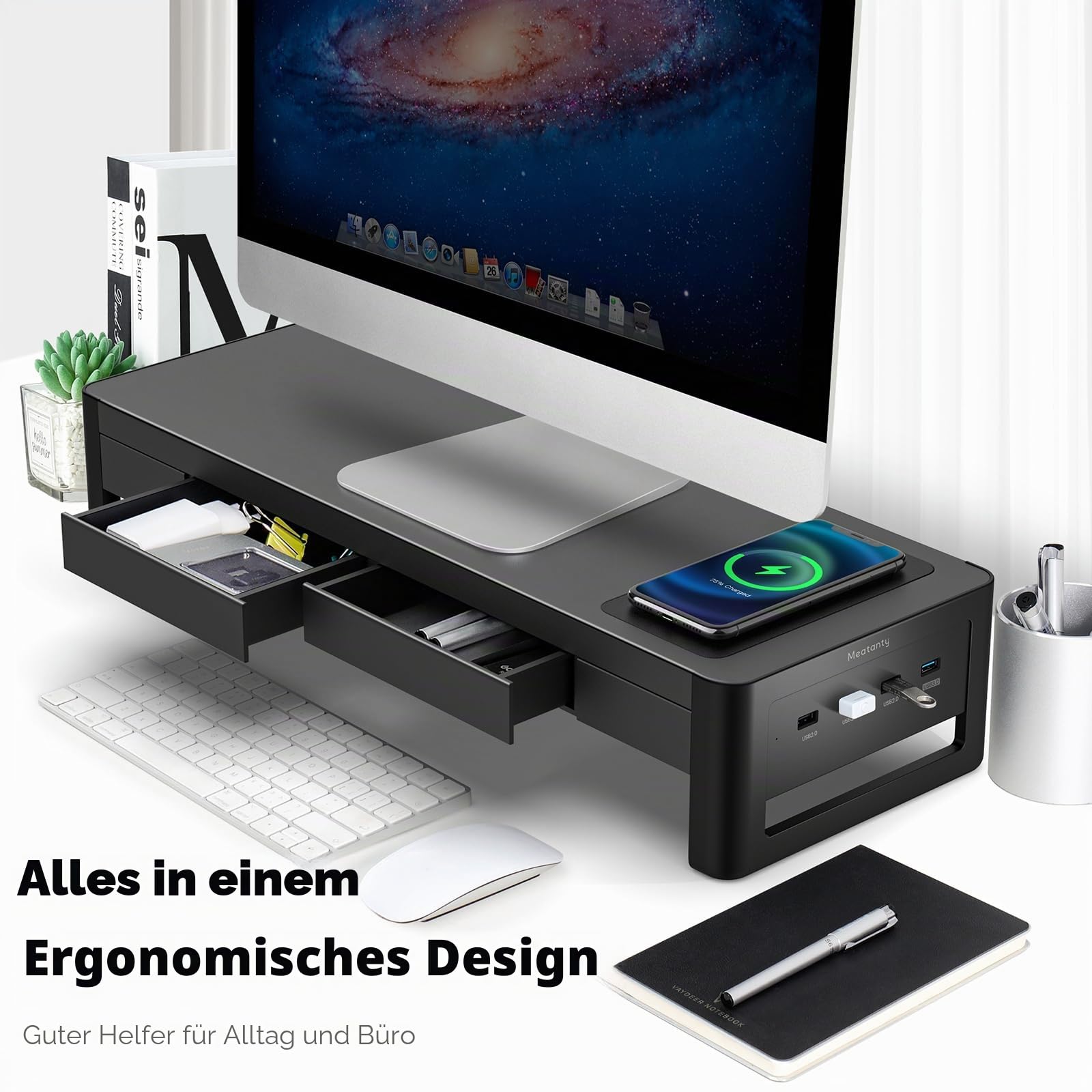 meatanty Monitorständer mit Schublade, USB und kabellosem Laden | Metallständer mit 4-Port-USB-Hub für PC, Notebook oder Drucker und praktische Schreibtischorganisation.