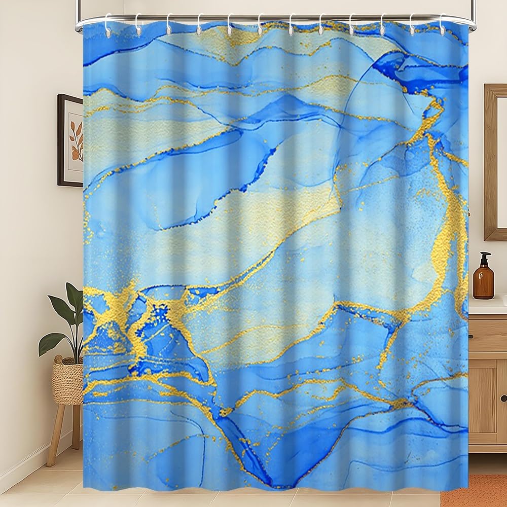 Xiaoterna 105x160cm Marble Shower Curtain Watercolor Navy Blue Gold Lines Waterproof Polyester Bathroom Curtain Luxury Modern Aesthetic Artistic Washable Mildew Resistant Bathroom Decorative Fabric — image 1