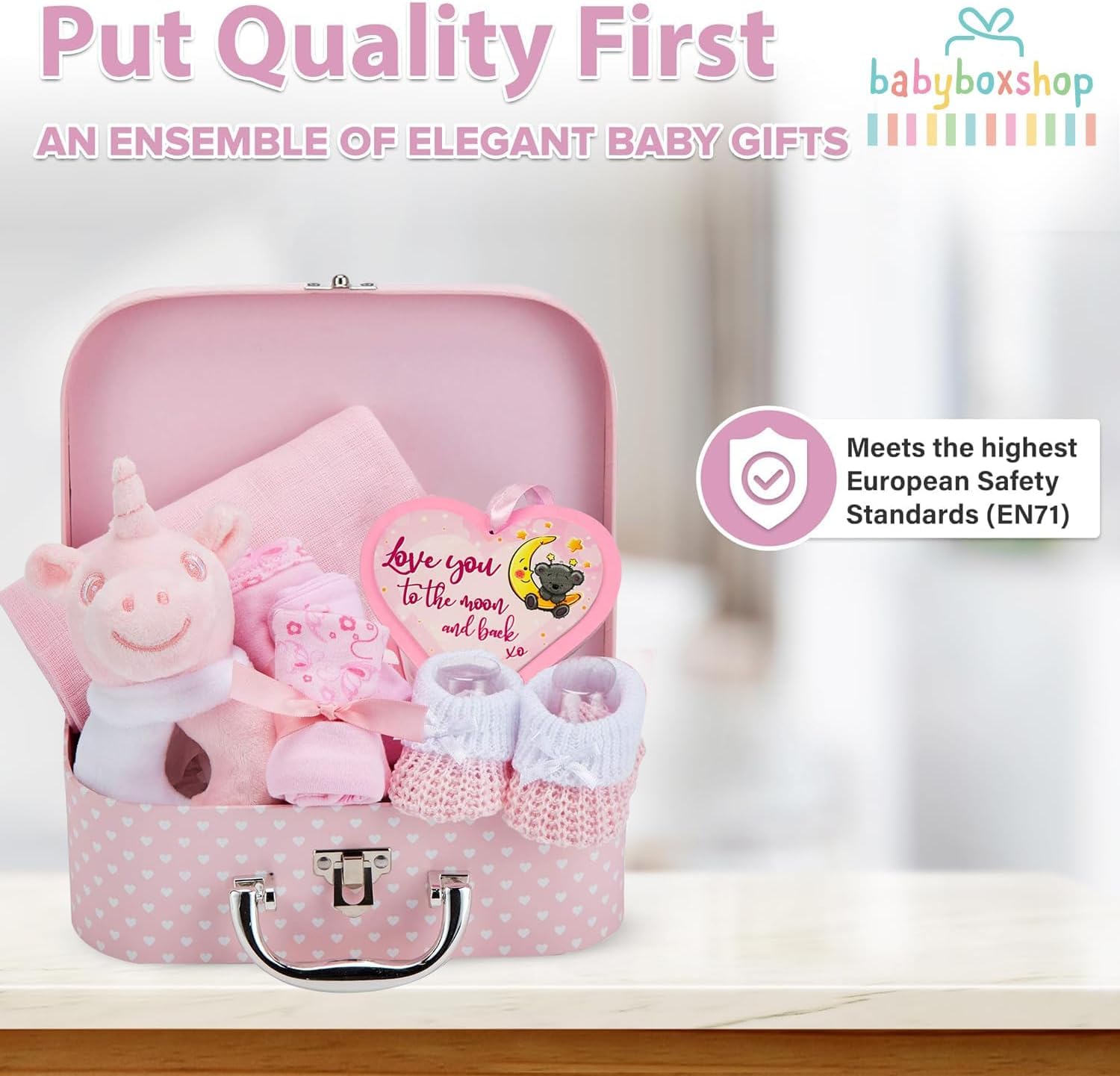 Baby Box Shop Baby Girl Gift Set Newborn Essentials in a Keepsake Box - All-in-One Ready-to-Gift Baby Shower Gift for Girls with Rattle Bib Booties Mittens Hat Muslin Cloth - Premium Baby Girl Hamper — view 6