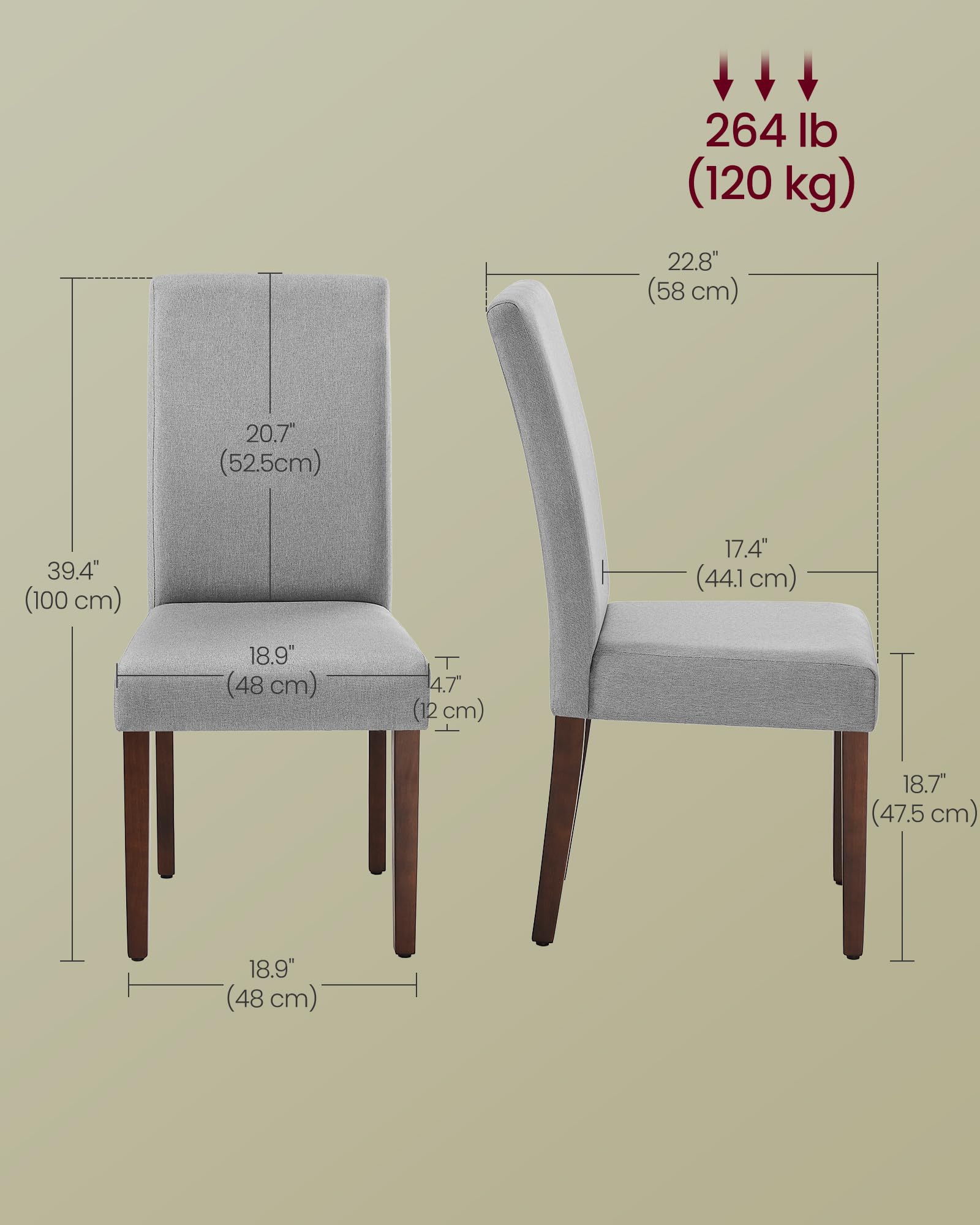 Sillas de comedor, sillas Parsons con funda de tela extraíble, respaldo alto, para comedor y cocina, juego de 2, asiento grueso, 22.8 x 18.9 x 39.4 pulgadas, gris paloma UKDC152G01 6
