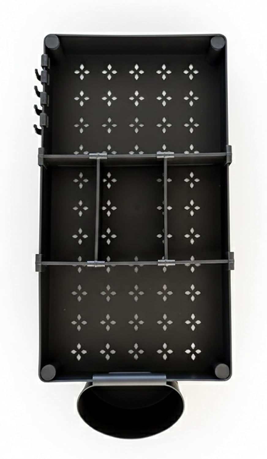 Top-down view of a shelf with dividers and a hanging cup attached.