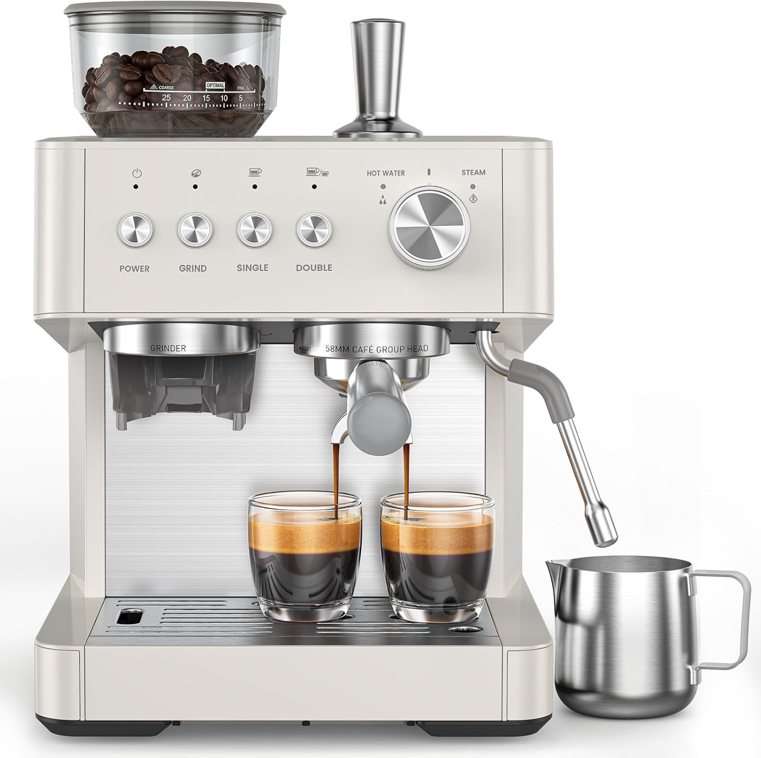 20 Bar Espresso Machine with Built-in Anti-Clog Coffee Grinder, Expresso Coffee Machines with Milk Steam Wand/Frother/Tamping Tools,Espresso Maker with Grinder for Lattes-White