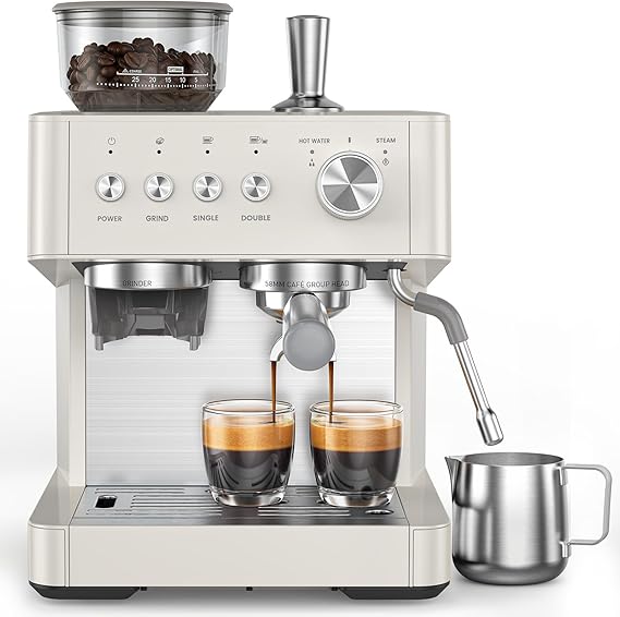 20 Bar Espresso Machine with Built-in Anti-Clog Coffee Grinder, Expresso Coffee Machines with Milk Steam Wand/Frother/Tamping Tools,Espresso Maker with Grinder for Lattes-White