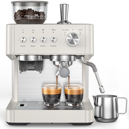 20 Bar Espresso Machine with Built-in Anti-Clog Coffee Grinder, Expresso Coffee Machines with Milk Steam Wand/Frother/Tamping Tools,Espresso Maker with Grinder for Lattes-White