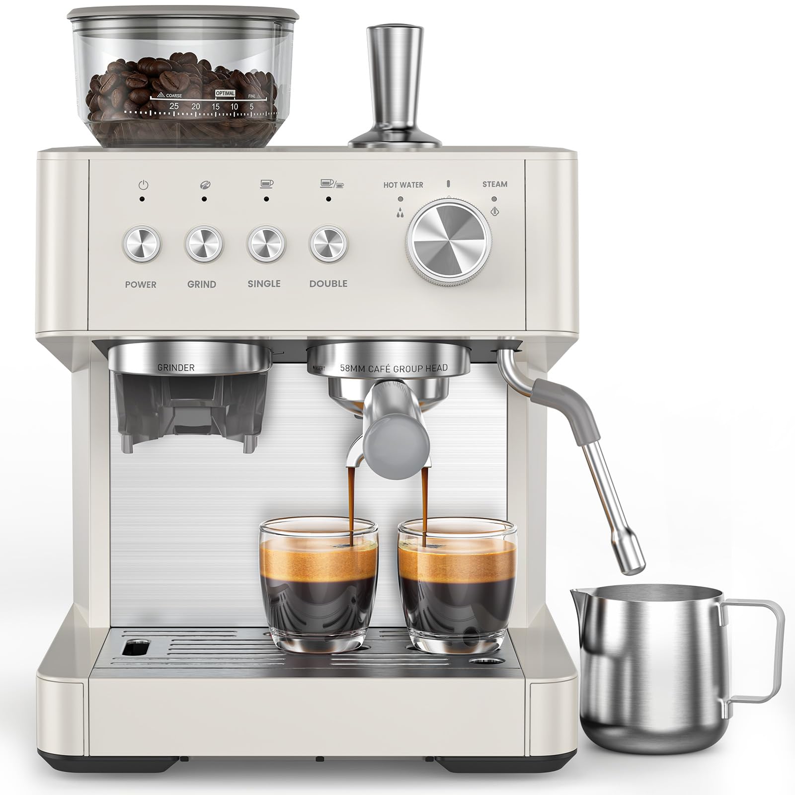 20 Bar Espresso Machine with Built-in Anti-Clog Coffee Grinder, Expresso Coffee Machines with Milk Steam Wand/Frother/Tamping Tools,Espresso Maker with Grinder for Lattes-White