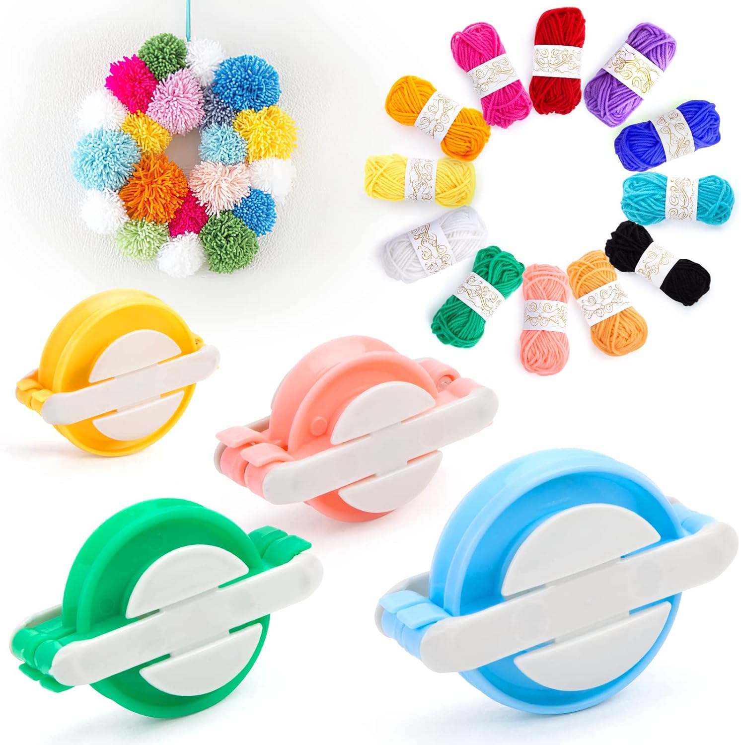 VGOODALL 16pcs Pom Pom Maker Kit, 4pcs Different Size Pom Pom Makers with Colorful Skein Acrylic Yarns, Fluff Ball Weaver Kit Wool Knitting Craft Tool Set for Kids Adults Beginners DIY Decoration
