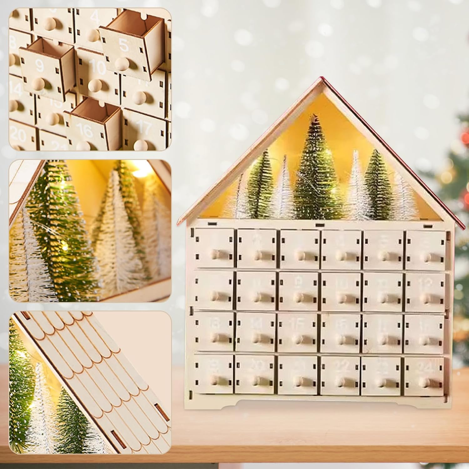 Christmas Advent Calendar with 24 Drawers White Wooden Advent Calendar with Christmas Tree & LED Lights Decorations for Adults Kids Gifts Home Decoration for