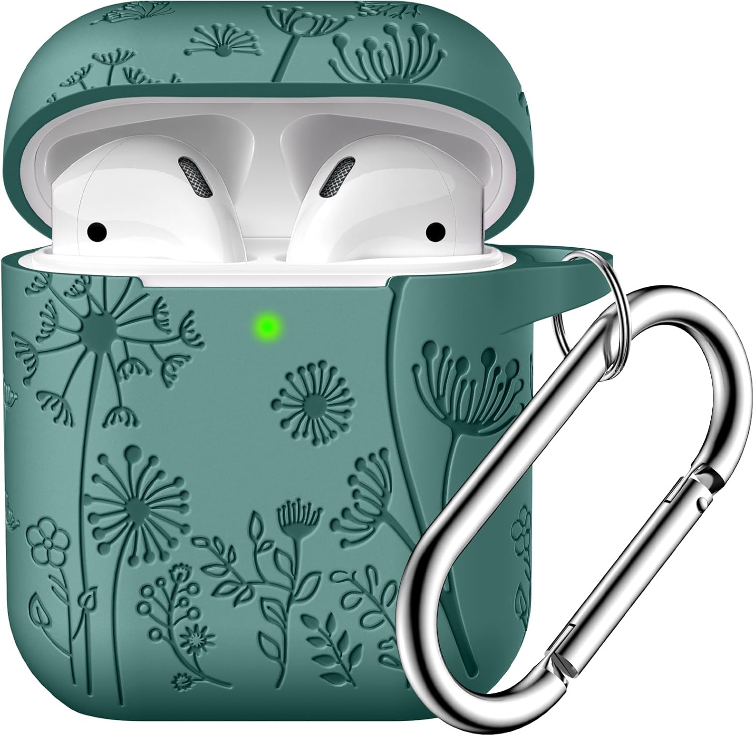Lerobo Flower Engraved Cover for AirPods Case, Stylish Soft Silicone Protector with Keychain Compatible with Apple AirPod 1st/2nd Generation Charging Case, Front LED Visible, Pine Green