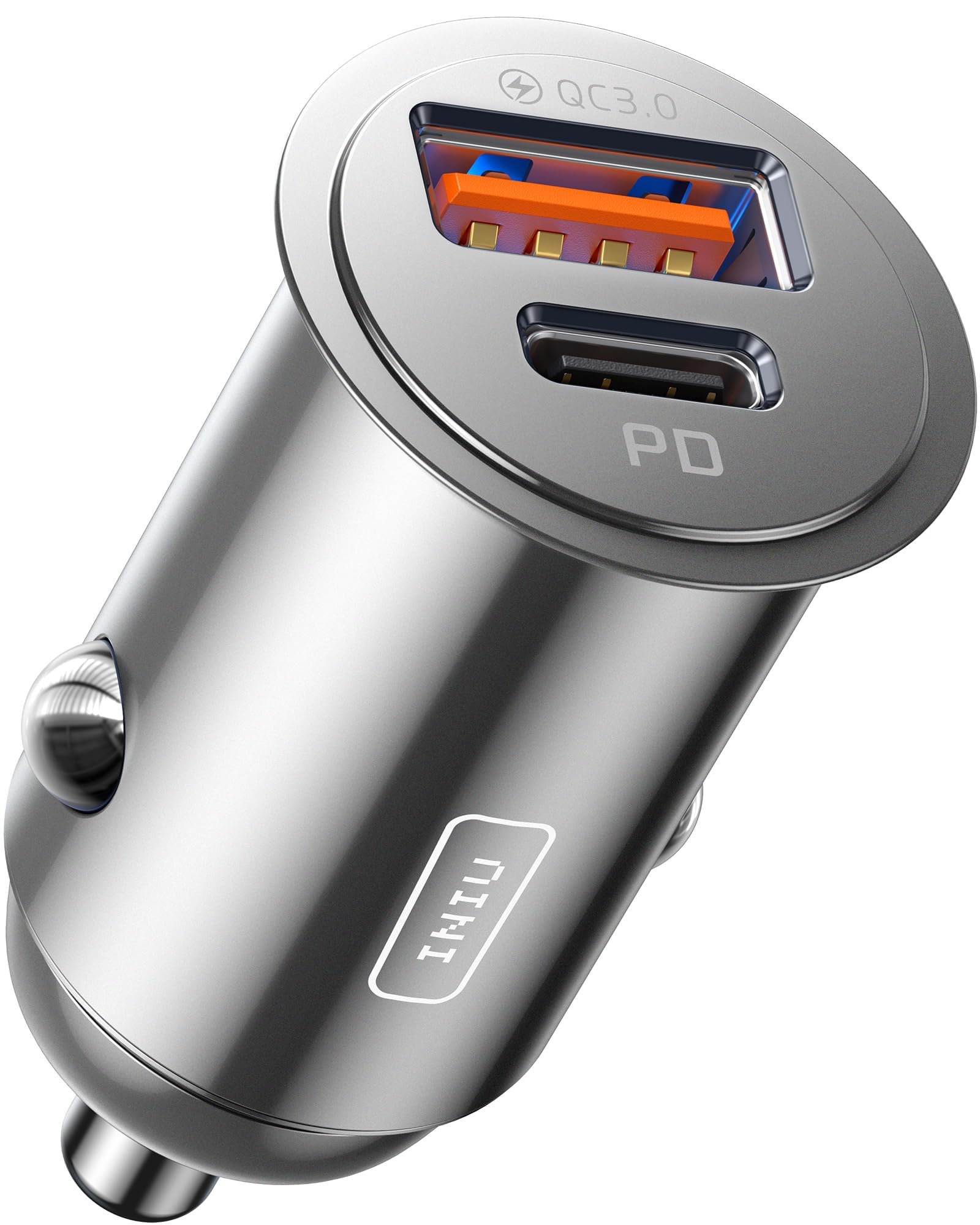 INIU Car Charger, Cigarette Lighter USB Charger Total 60W [USB C 30W+USB A 30W] 12V USB Socket, PD3.0 Fast Charge Car Phone Charger Metal Adapter for iPhone 17 16 15 14 13 Pro Max iPad Samsung, Silver
