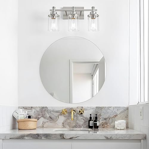 Miniatura 6 de Luces de tocador de 3 luces de níquel cepillado con pantalla de vidrio transparente, moderna luz de tocador de baño sobre espejo, lámpara de pared