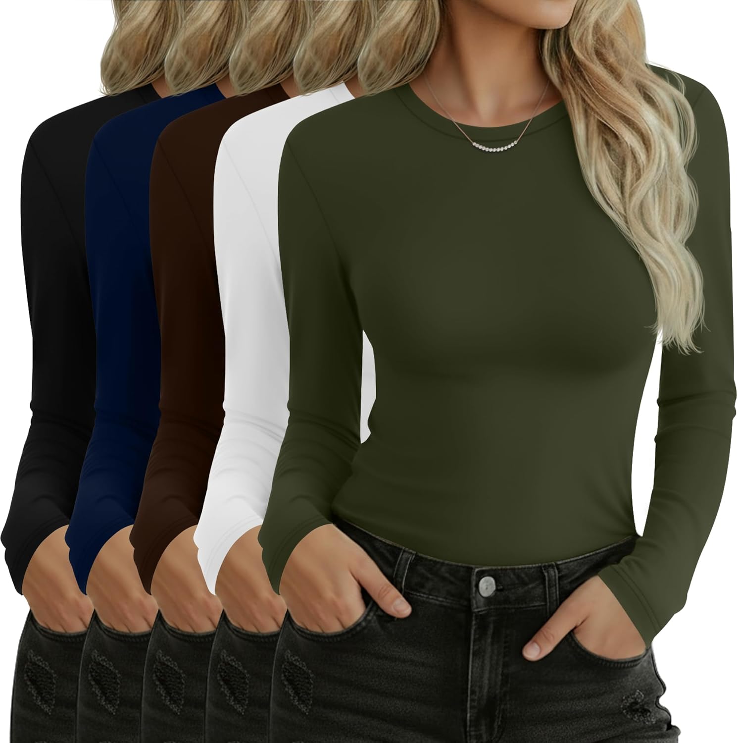 Sweetyweee 5 Pack Women's Long Sleeve Shirts Slim Fit Crew Neck Basic Tops Multipack Casual Layering Tee Undershirts