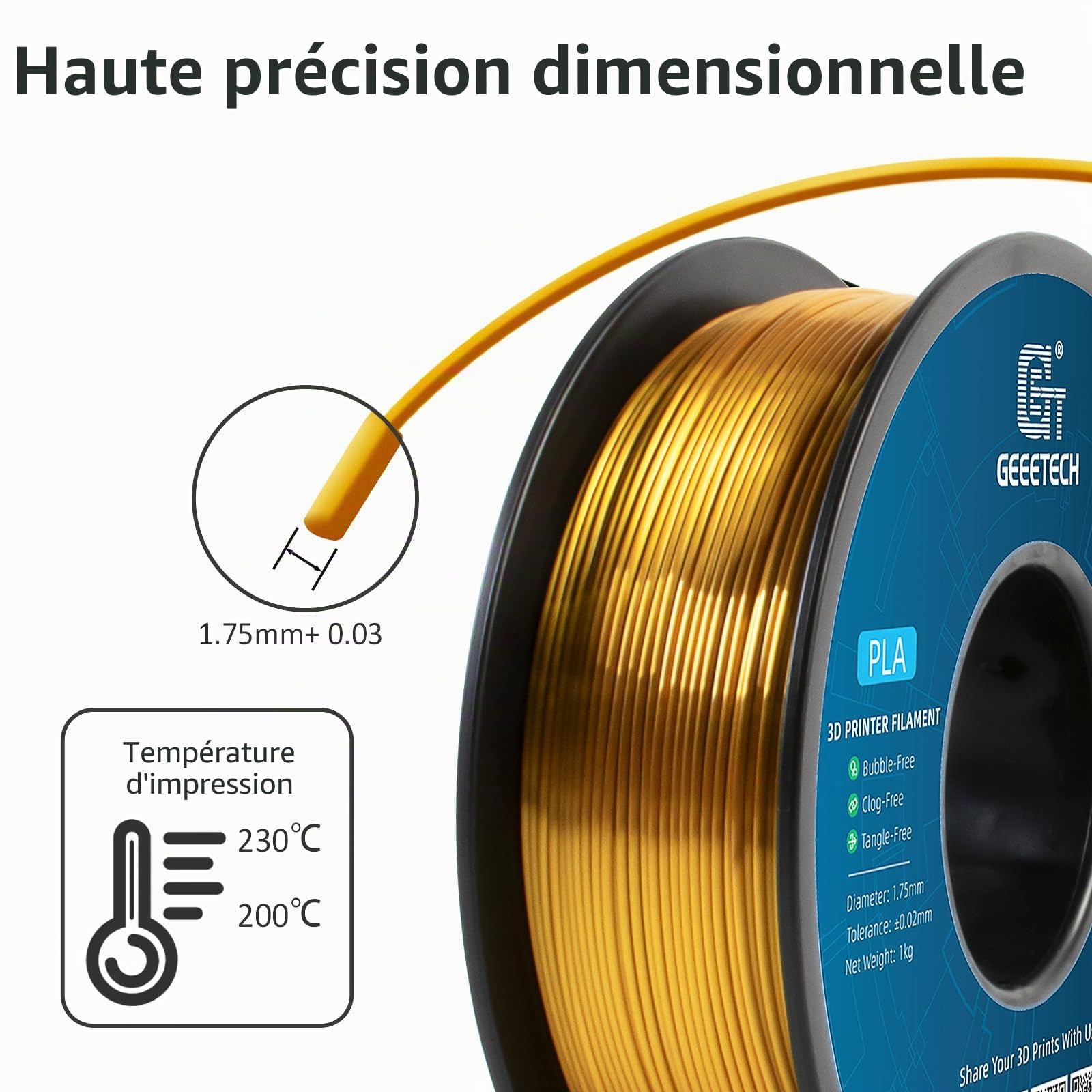 GEEETECH PLA filament 1.75mm Silk Gold, Imprimante 3D Filament PLA 1kg Spool