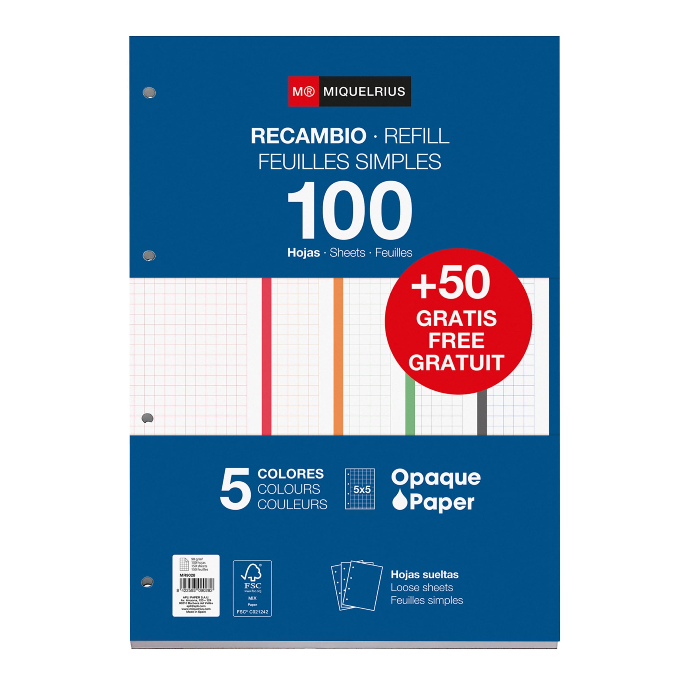 Miquelrius - Refill pad A4 Squared 5 x 5 mm, 150 Sheets of 90 g/m² in 5 Pastel Colours, with Standard Perforations for Ring Binder, School Supplies