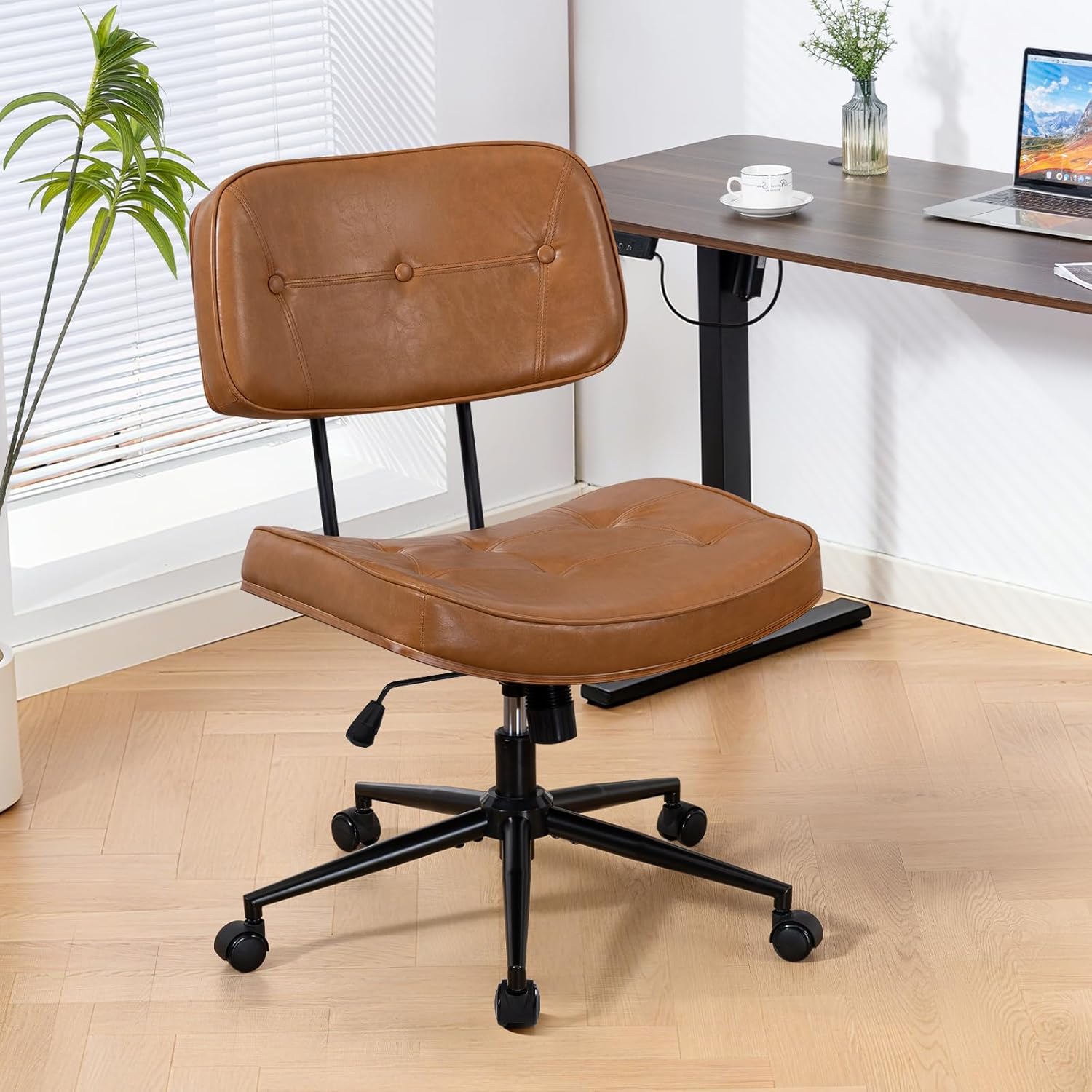 ZJhome Armless Computer Chair, Small Desk Chair with Wheels and Adjustable Height, PU Leather Modern Swivel Walnut Task Chair for Home Office, Study, Library,Brown