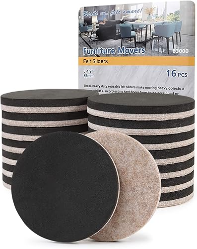 Deslizadores de fieltro para muebles, pisos de madera dura, 16 piezas de 3.5 pulgadas, deslizadores de fieltro resistentes, superficies duras, mueve