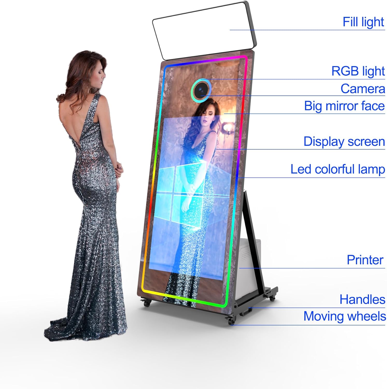 Magic Mirror Photo Booth, 65’’ Mirror Photo Booth, 43’’ Interactive Touch Screen, Built-in Mini PC with Instant Print and Sharing(with Camera and Mini Printer)-White